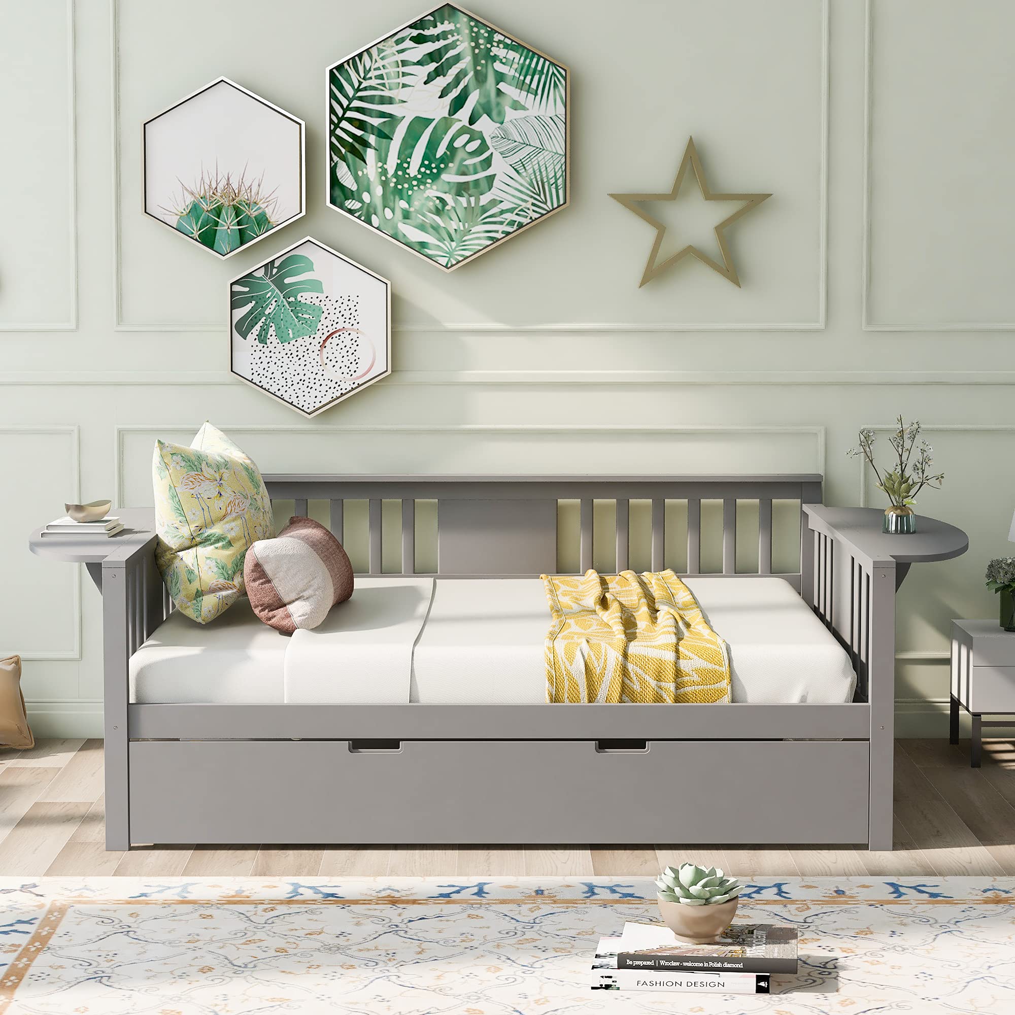 Winwee Full Size Wood Daybed with Rails & Twin Trundle - Sturdy Modern Sofa Bed with Wooden Slats for Bedroom & Living Room (Gray) | Perfect for Guest Rooms, Small Spaces & Multi-Purpose Furniture