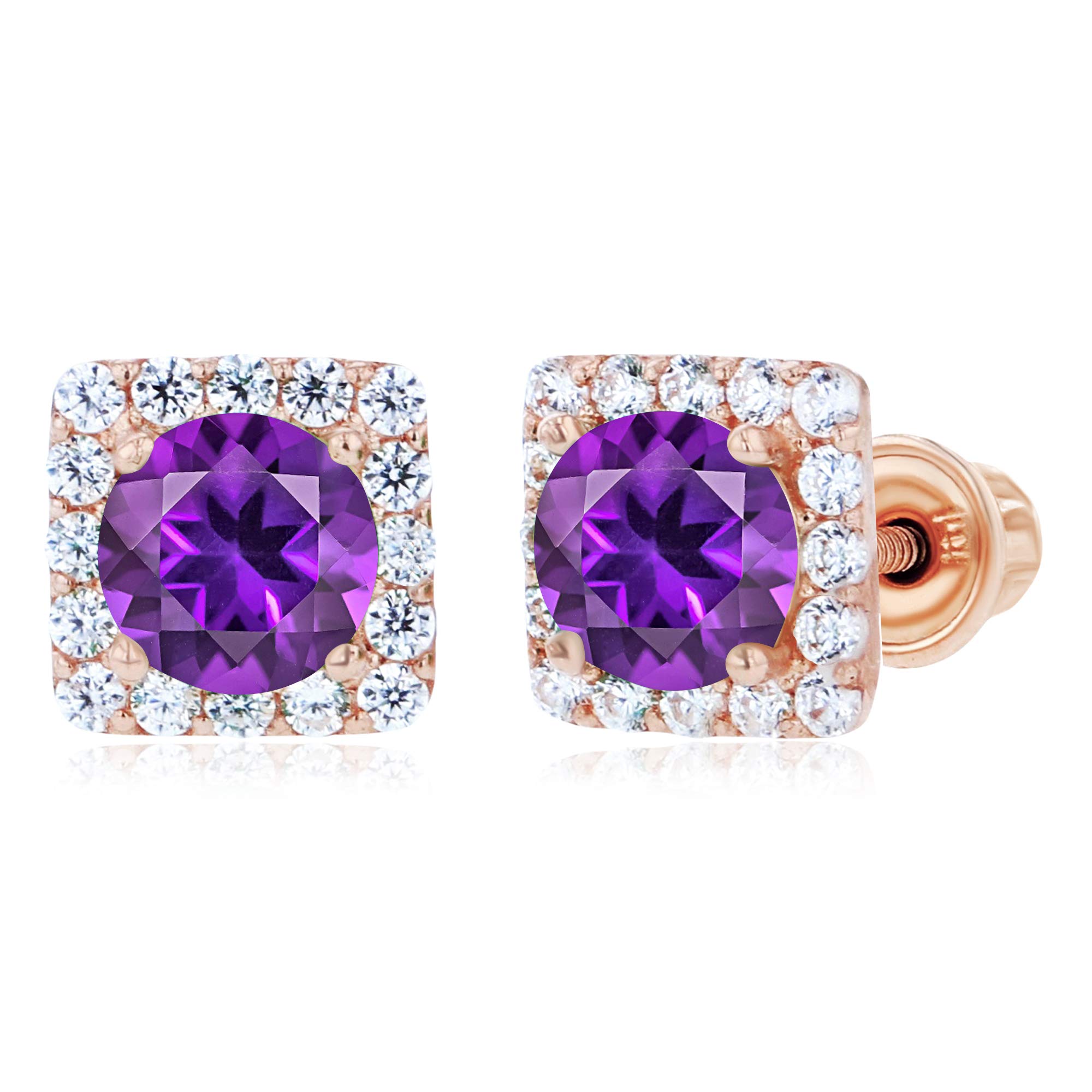 14K Solid Gold 5.50mm Square Halo Birthstone Screwback Stud Earrings for Women | 4mm Round Birthstone | 1mm Created White Sapphire Halo | Perfect for Birthdays, Anniversaries & Special Occasions