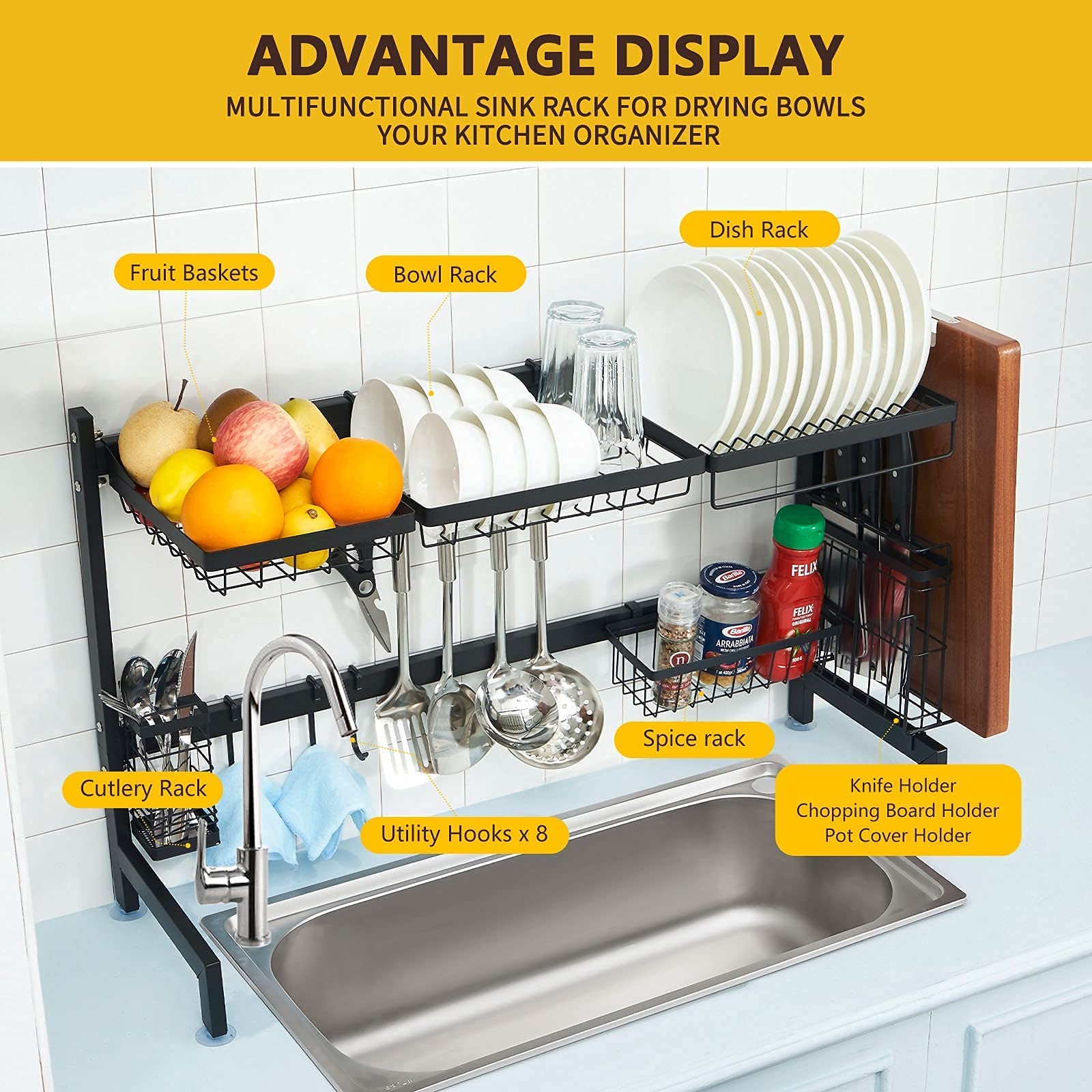 E&F Stainless Steel Dish Drying Rack Over The Sink - 33x11x21 Inch Kitchen Organizer with Utensil Holder | Perfect for Small Spaces, Apartment Living & Efficient Dish Drying