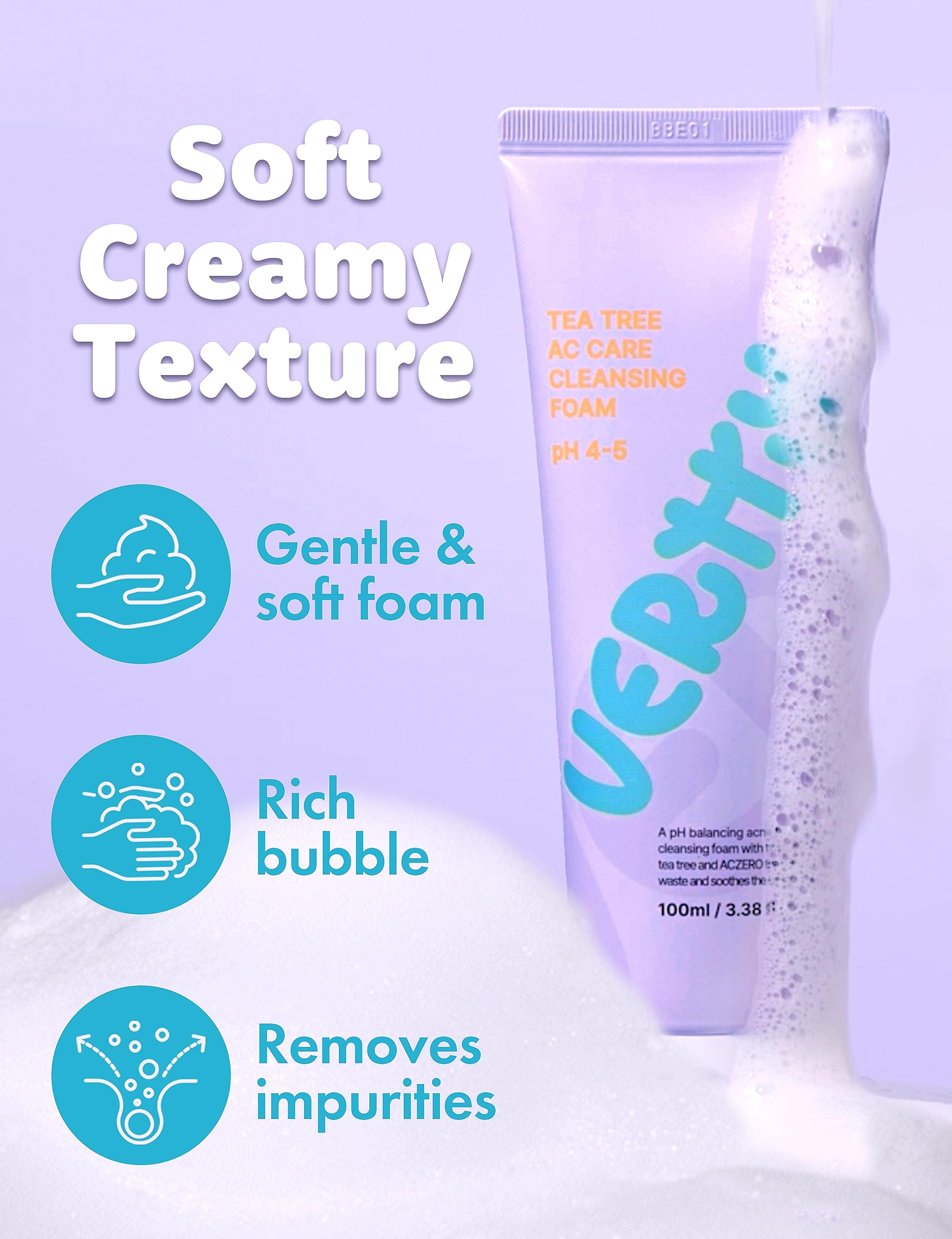 Vertty Tea Tree Vegan Cleansing Foam - Oil Control Face Wash with Hydro Boost for Sensitive Skin | Exfoliating, Moisturizing & Hydrating Daily Cleanser | Gentle Formula for Teens & Kids Skincare Routine (3.38oz) | Perfect for Morning & Nighttime Face Cleansing