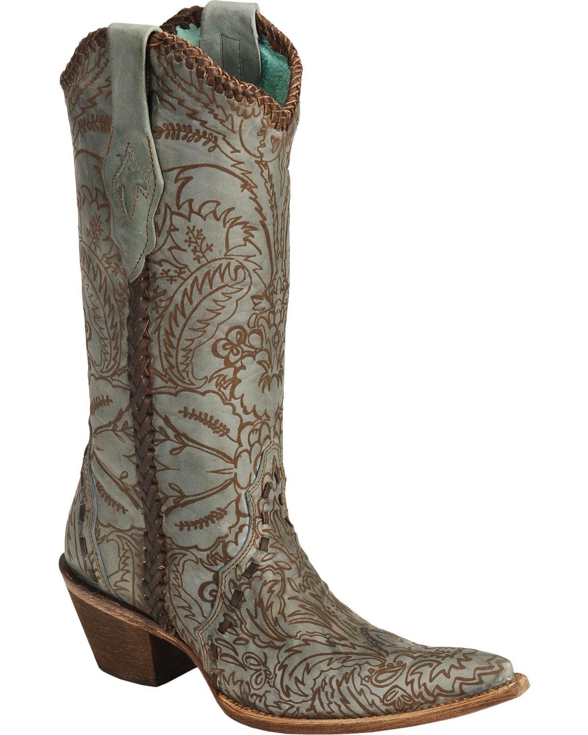 Women's Turquoise Engraved Lace Green Leather Cowgirl Boots - Size 8.5 M - Western Style Corral Boots for Country Dancing, Rodeo & Fashion Outfits