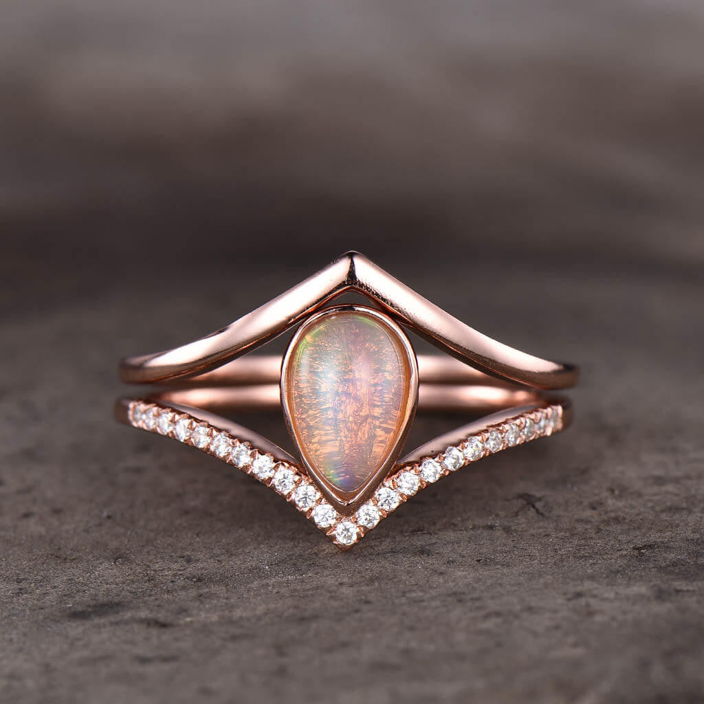 Natural Pink Opal Engagement Ring Set in 14K/18K Gold - Dainty Plain Band for Women, Wedding, Proposal & Anniversary Jewelry Gift