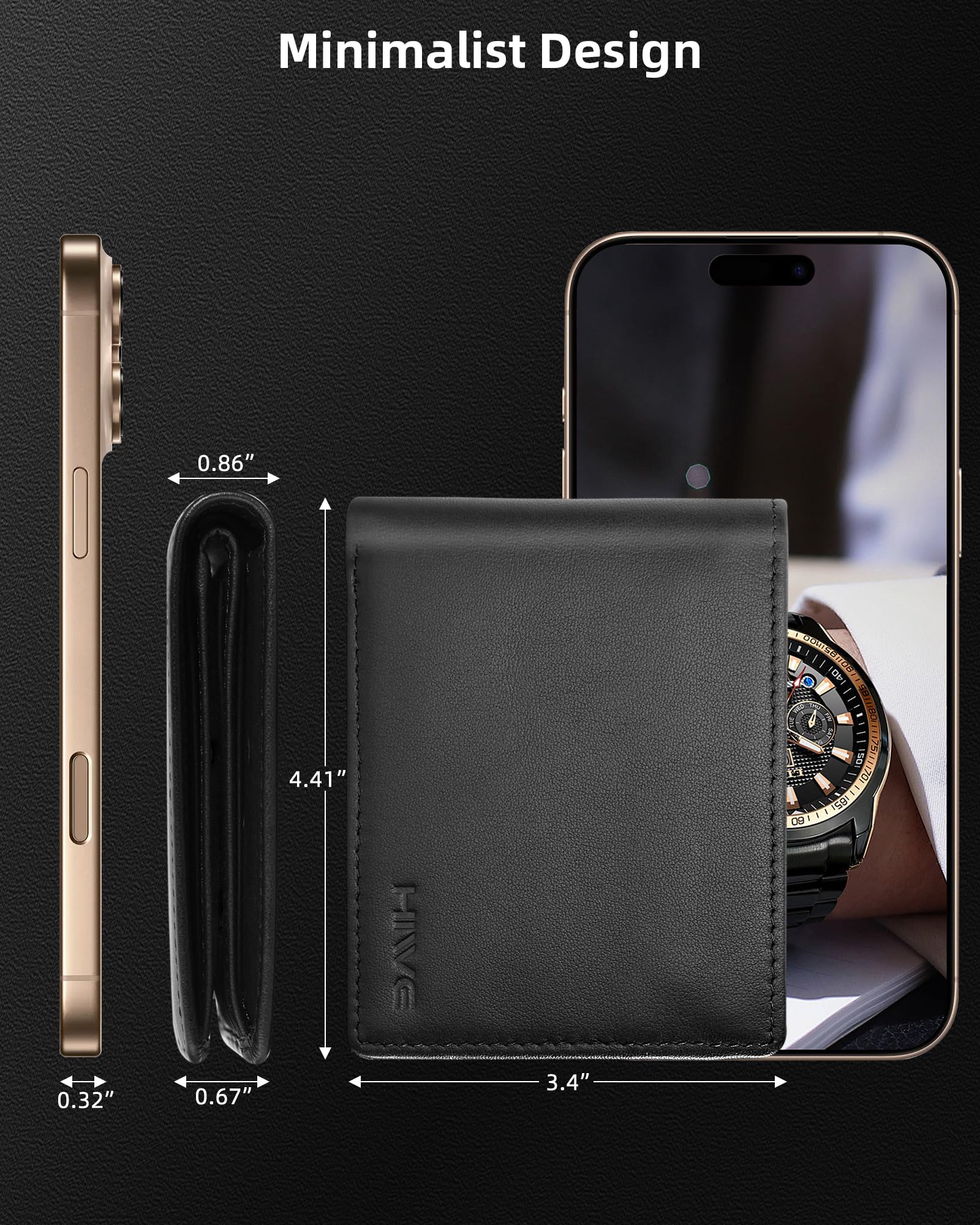 HiWe RFID Blocking Slim Bifold Genuine Leather Wallet for Men with Rechargeable Find My Tracker - Original Design (Black, Not for Android) | Perfect for Travel, Business & Everyday Carry