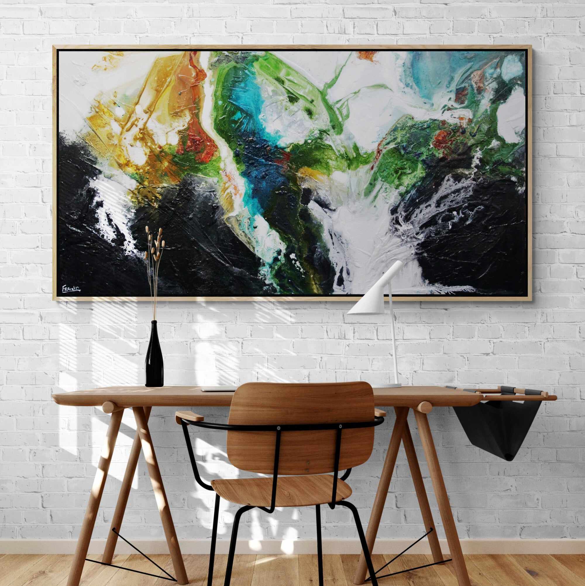 190cm x 100cm Green Black Textured Abstract Seeded Potion Painting - Modern Wall Art for Living Room, Bedroom & Office Decor