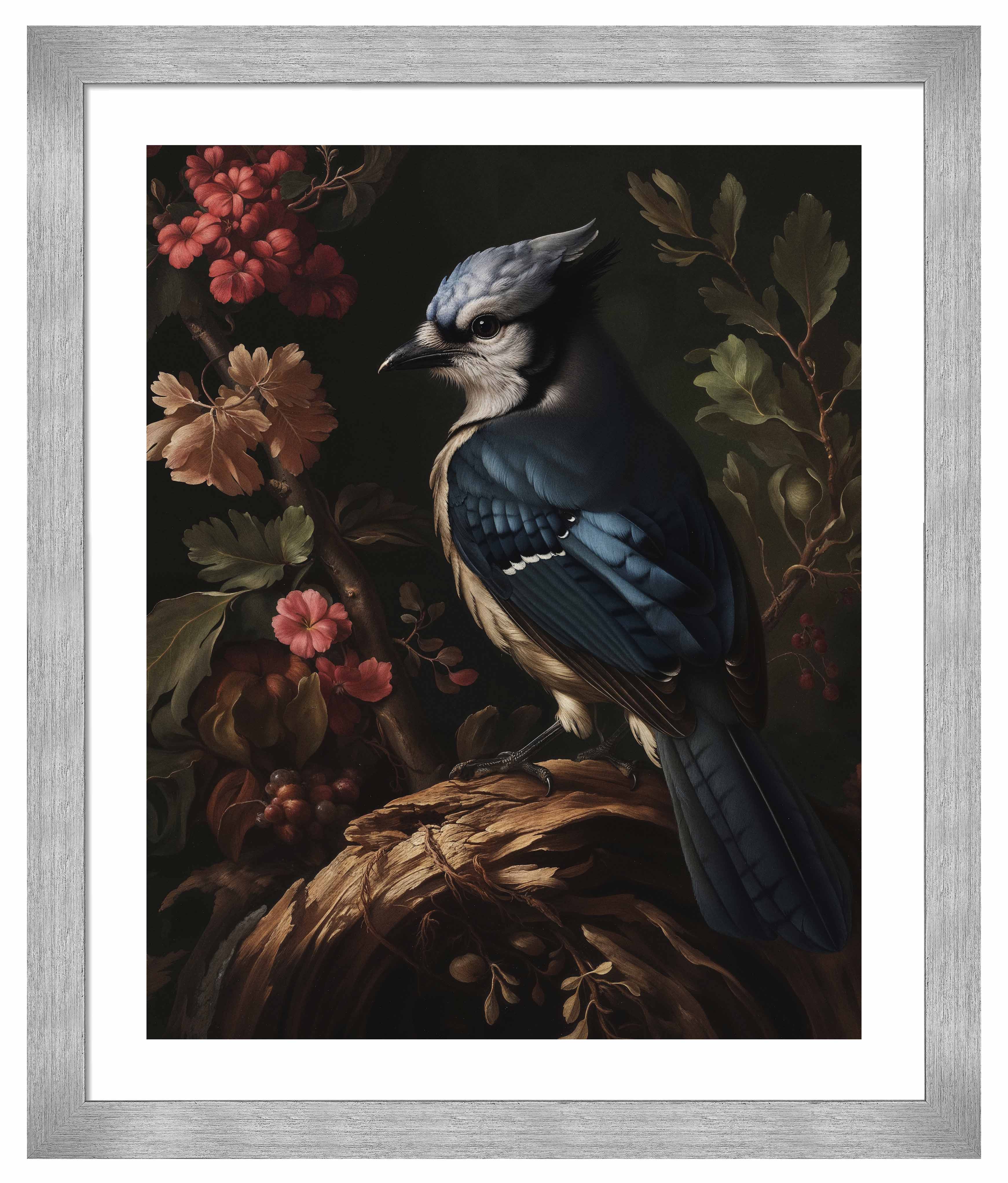 Blue Jay Amongst Flora - Elegant Nature Art Print for Home & Office Decor - Perfect for Living Room, Bedroom, or Gift