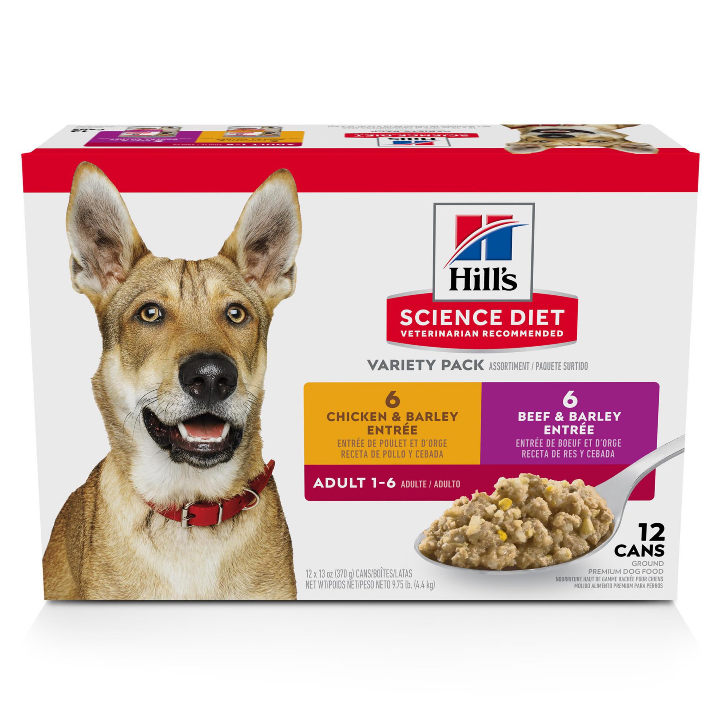 Hill's Science Diet Adult 1-6 Premium Nutrition Wet Dog Food Variety Pack - Chicken & Barley, Beef & Barley Loaf (13oz Cans, Pack of 12) | Complete Balanced Diet for Adult Dogs | Perfect for Mealtime, Training Rewards & Travel Feeding