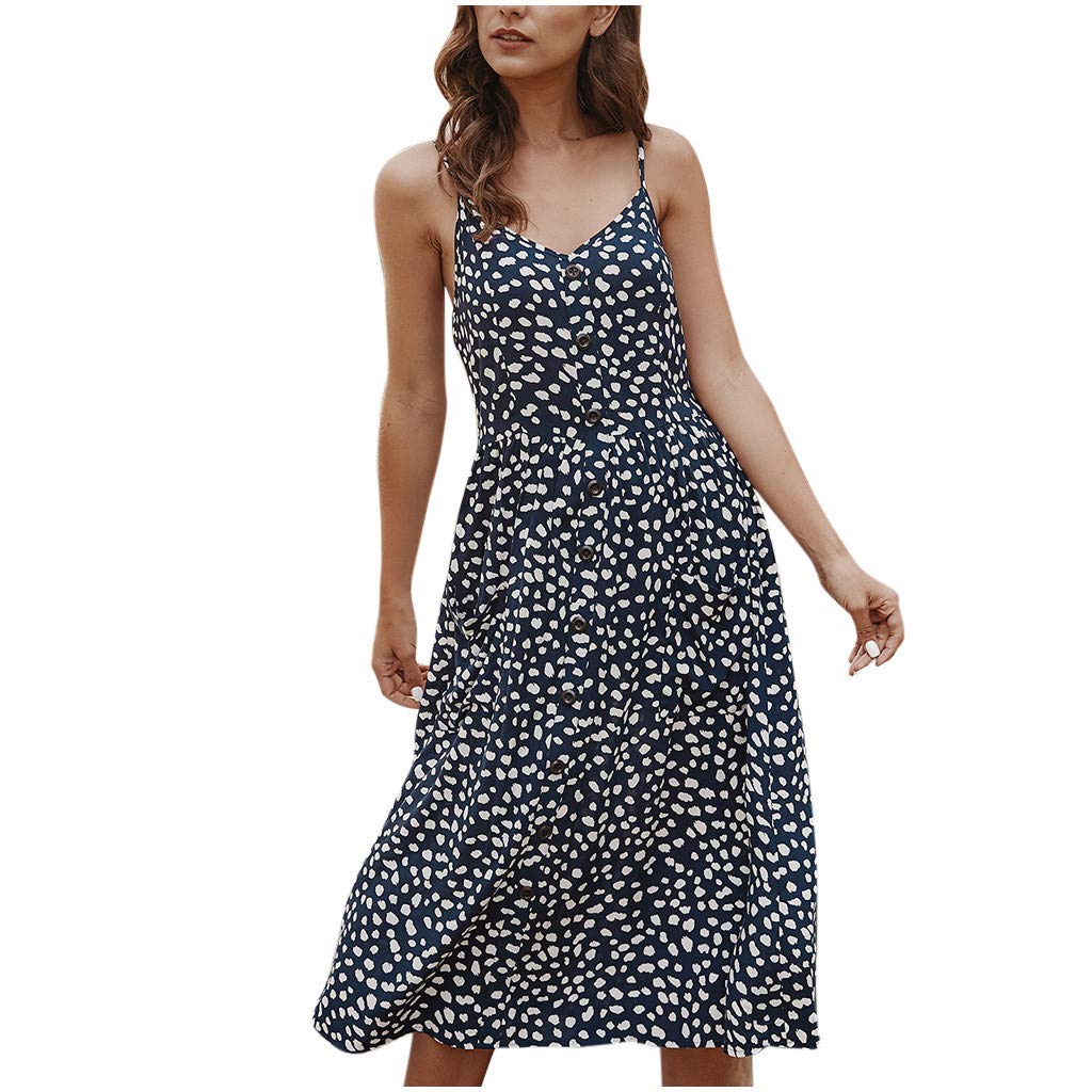 Women's Maxi Dresses - V Neck Summer Casual Sleeveless Dress with Dot Print & Button Detail for Beach, Party & Holiday Wear | Flowy Boho Dress for Vacation, Wedding Guest & Outdoor Events