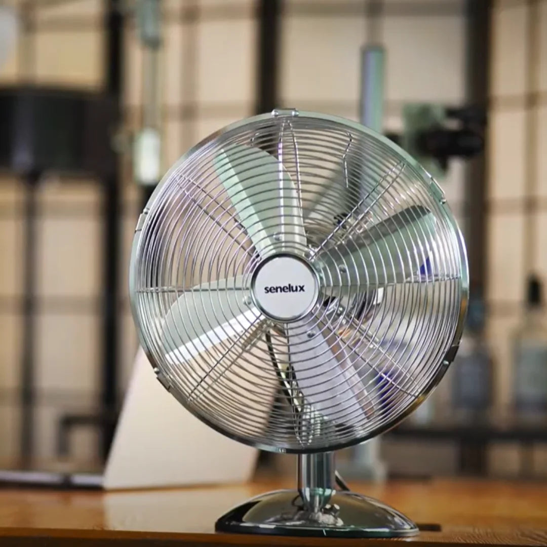 12 Inch Chrome Desk Fan by Senelux - Quiet High Speed Cooling Fan for Home, Office & Bedroom | Perfect for Summer, Dorm, Study & Workspace