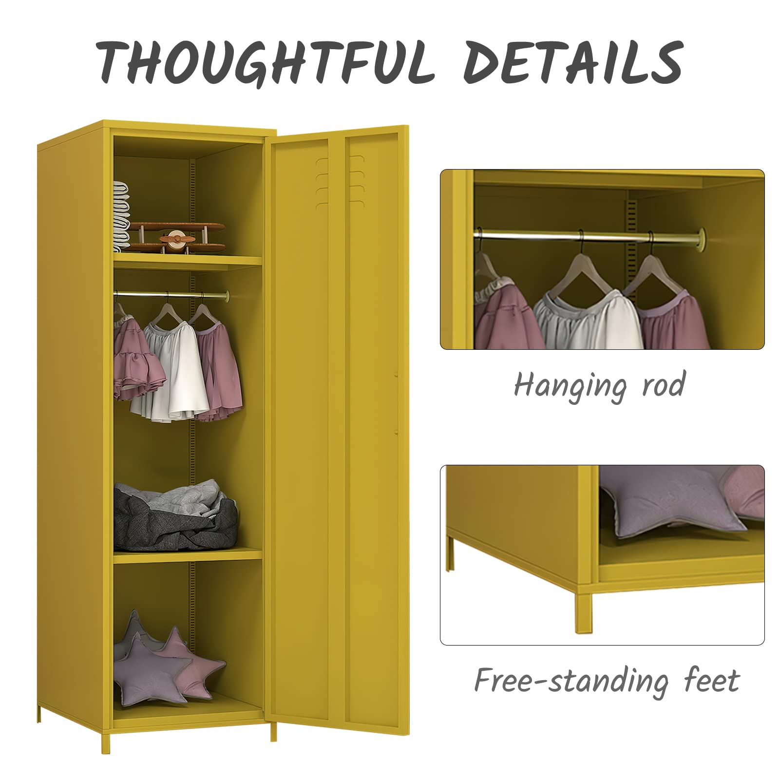 Steel Locker Cabinet with Hanging Rod & Shelves - Single Door Metal Storage Locker for Bedroom, School & Classroom - Organize Toys, Clothes & Accessories - Durable Yellow Storage Solution for Home & Office Use