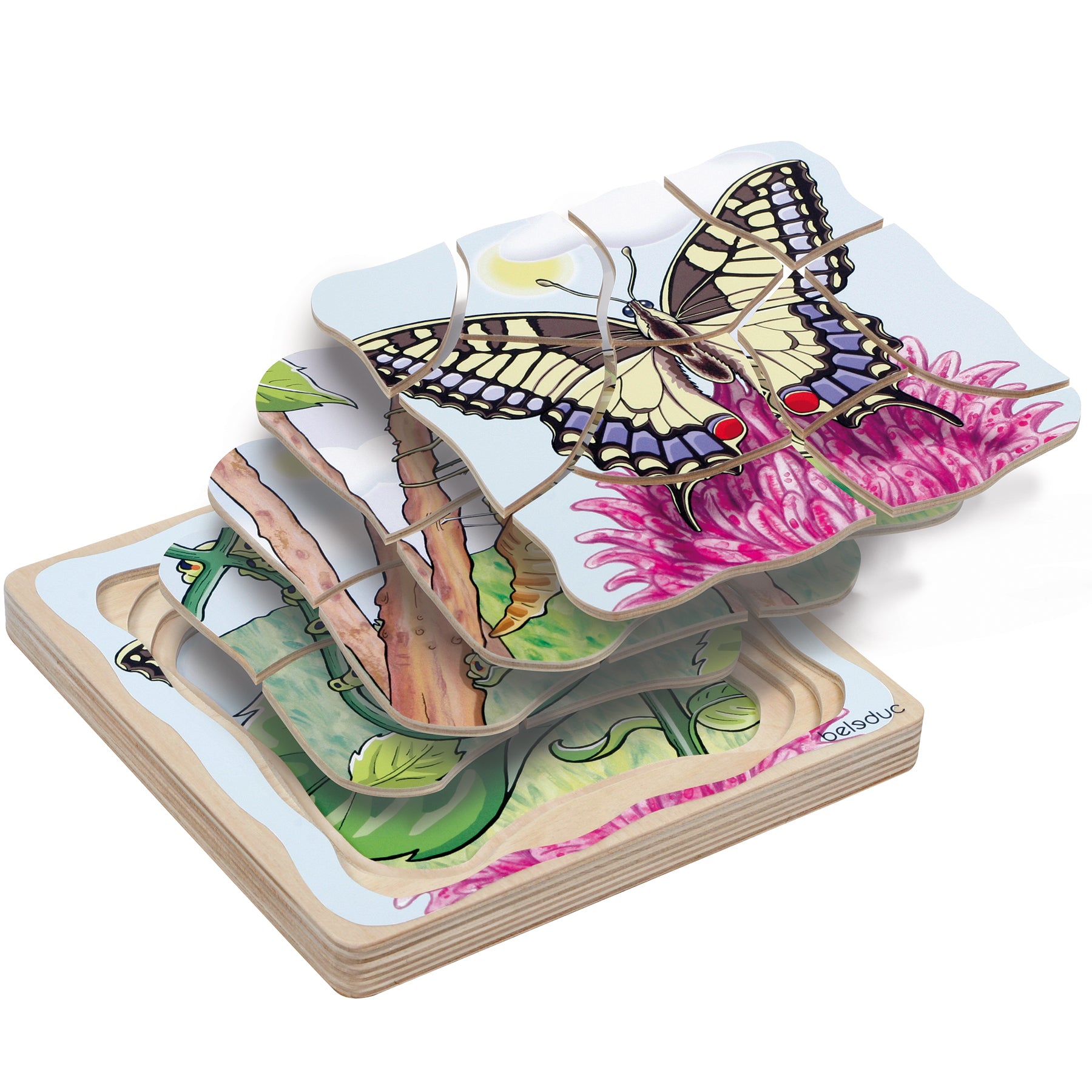 Beleduc Layer Puzzle - Transformative Butterfly Lifecycle Educational Toy for Kids | STEM Learning, Montessori Classroom & Homeschooling Activity
