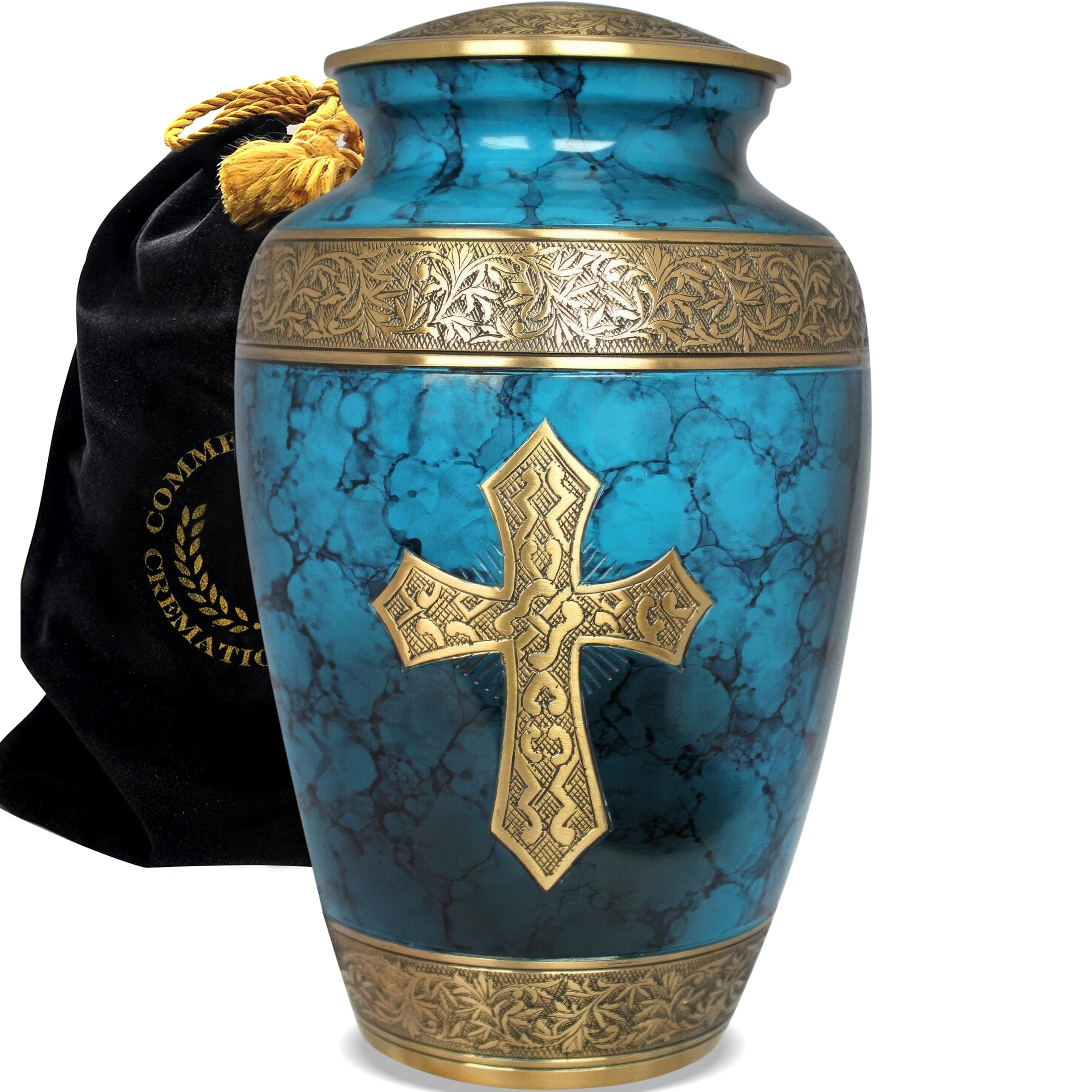 Blue Cross Cremation Urn for Ashes - Personalized Adult Male Urn for Human Ashes | Handcrafted Decorative Urn with Cross Design | Large Capacity Memorial Urn for Funeral, Memorial Service & Home Display