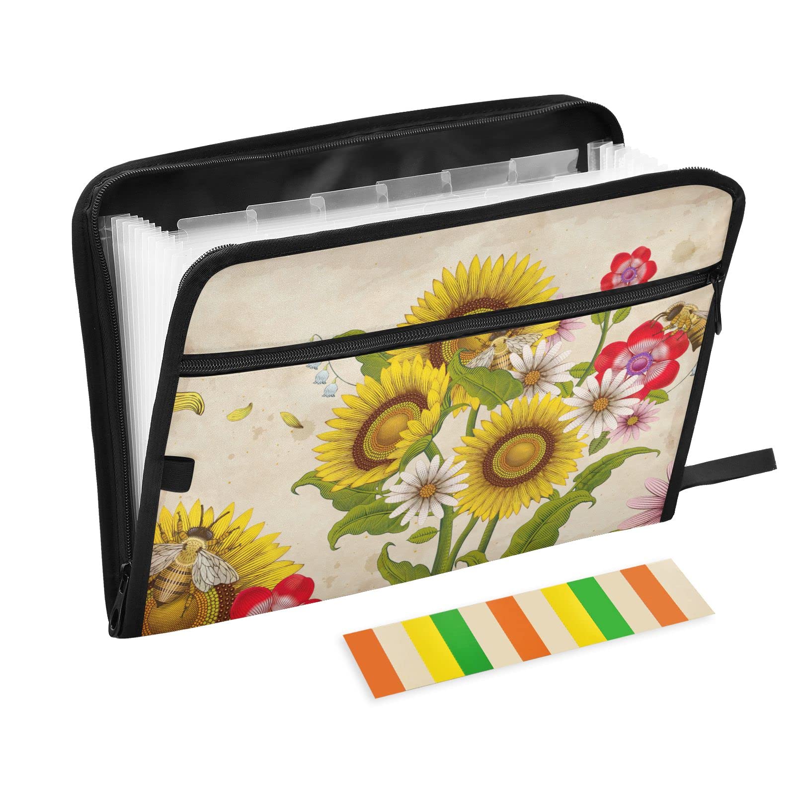 Honey Bees Wildflowers Expanding File Folder with Zipper - 13 Pockets for School & Office Organization