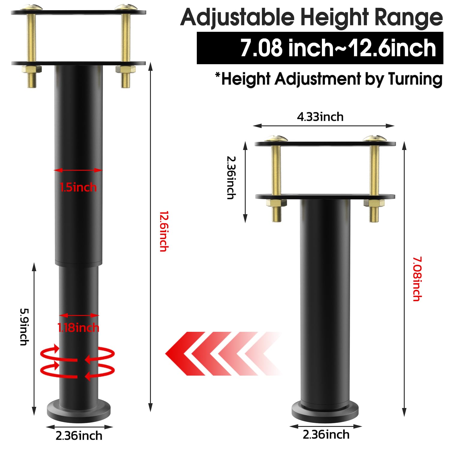 Heavy Duty Adjustable Bed Support Legs 7.08-12.6 Inch - Metal Replacement Legs for Bed Frame, Sofa, Table & Furniture Cabinet | Perfect for Bedroom, Living Room & Office Furniture Support