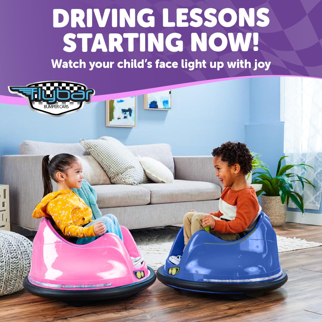 Flybar FunPark 6V Electric Bumper Car for Toddlers & Kids Ages 1.5-4 | 360° Spin, LED Lights, 66 lb Capacity | No Remote | Large Pink/Purple Ride-On Toy | Perfect for Indoor Playrooms, Birthday Gifts & Backyard Fun