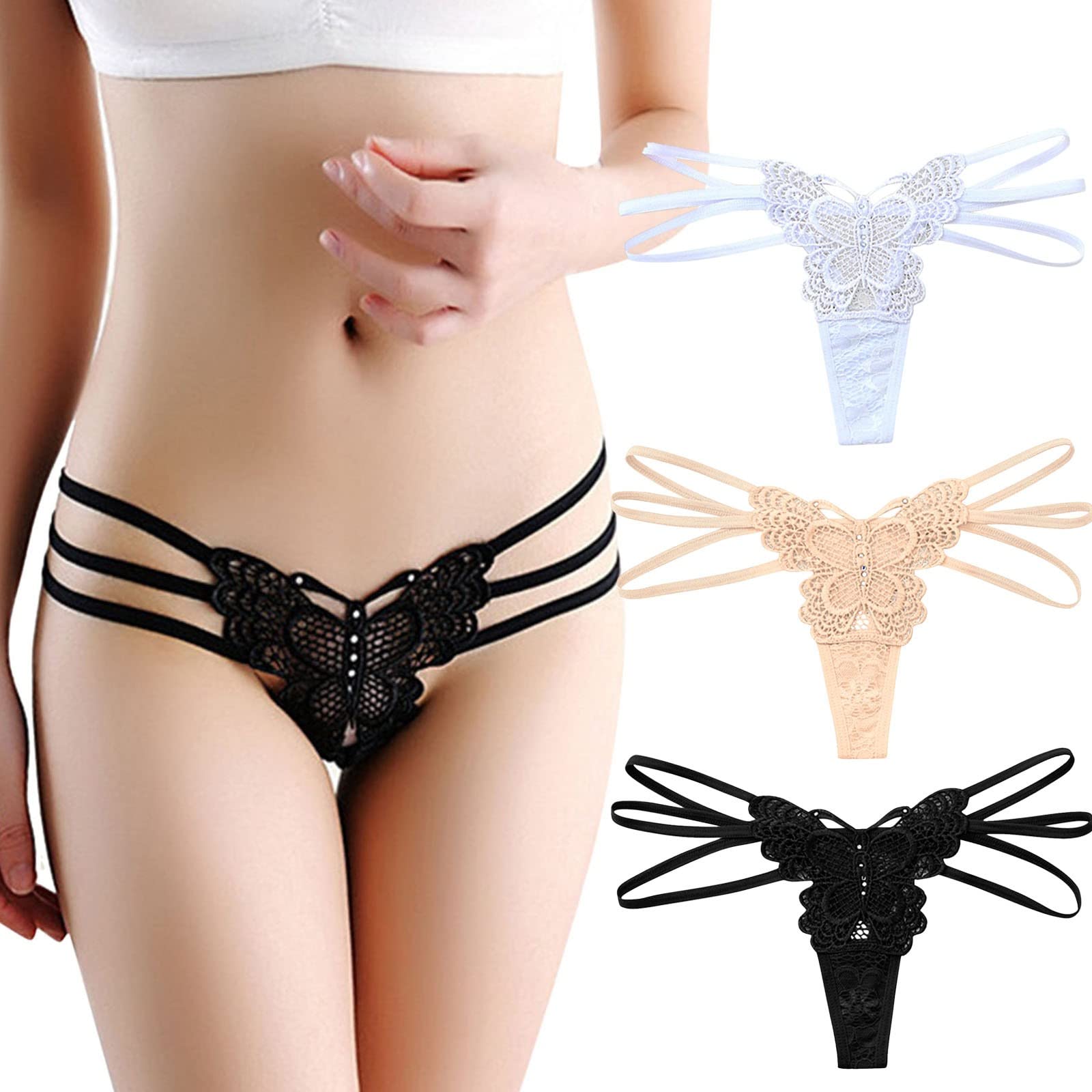 Sexy Low Waist Lace Thong Panties for Women - 3 Pack Transparent Hollow Bow Ribbon Underwear | Perfect for Date Night, Lingerie Gift & Sensual Occasions