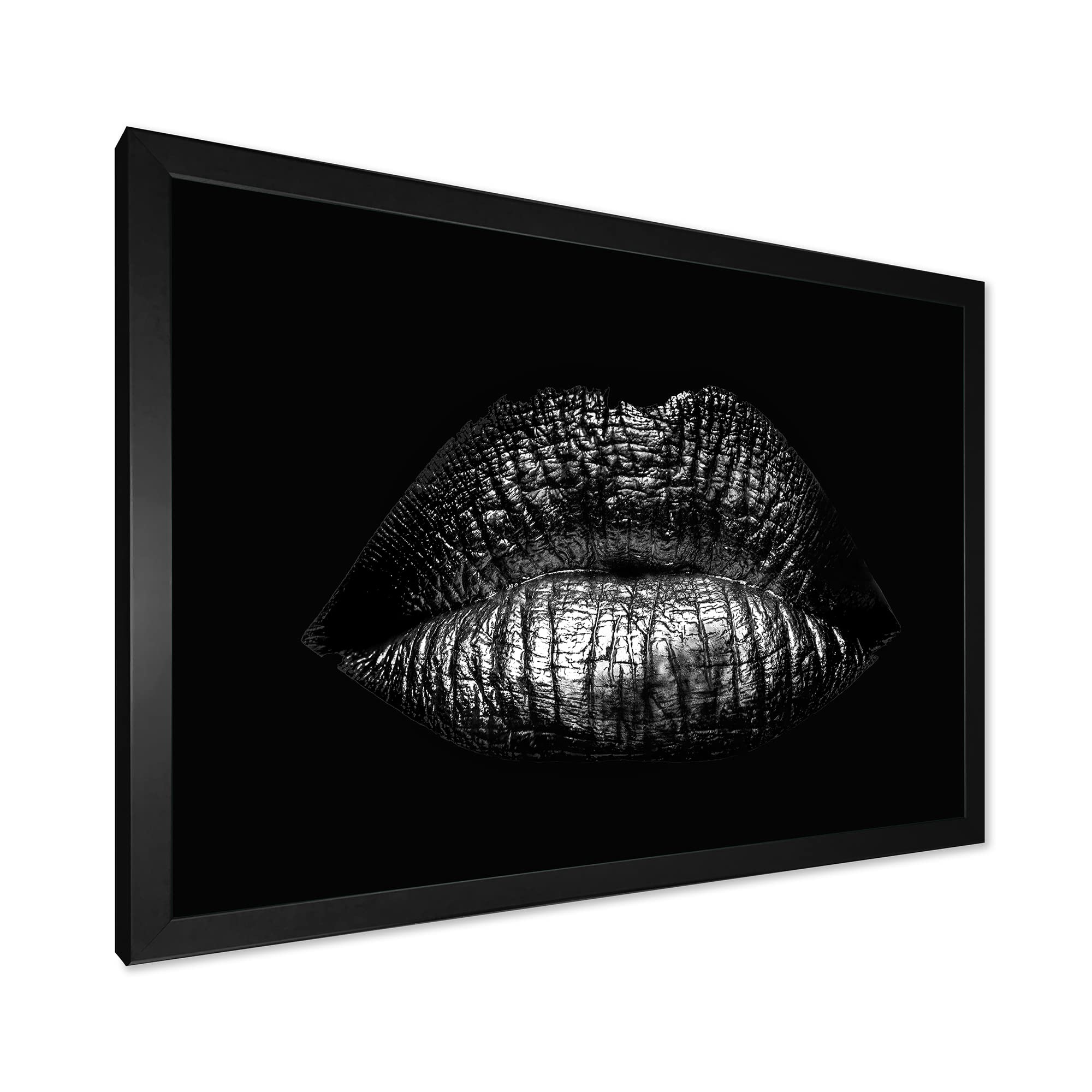 Golden Metallic Lips Wall Art - Modern Framed Female Lips Decor for Living Room, Bedroom & Office - Elegant Home Decor Gift Idea