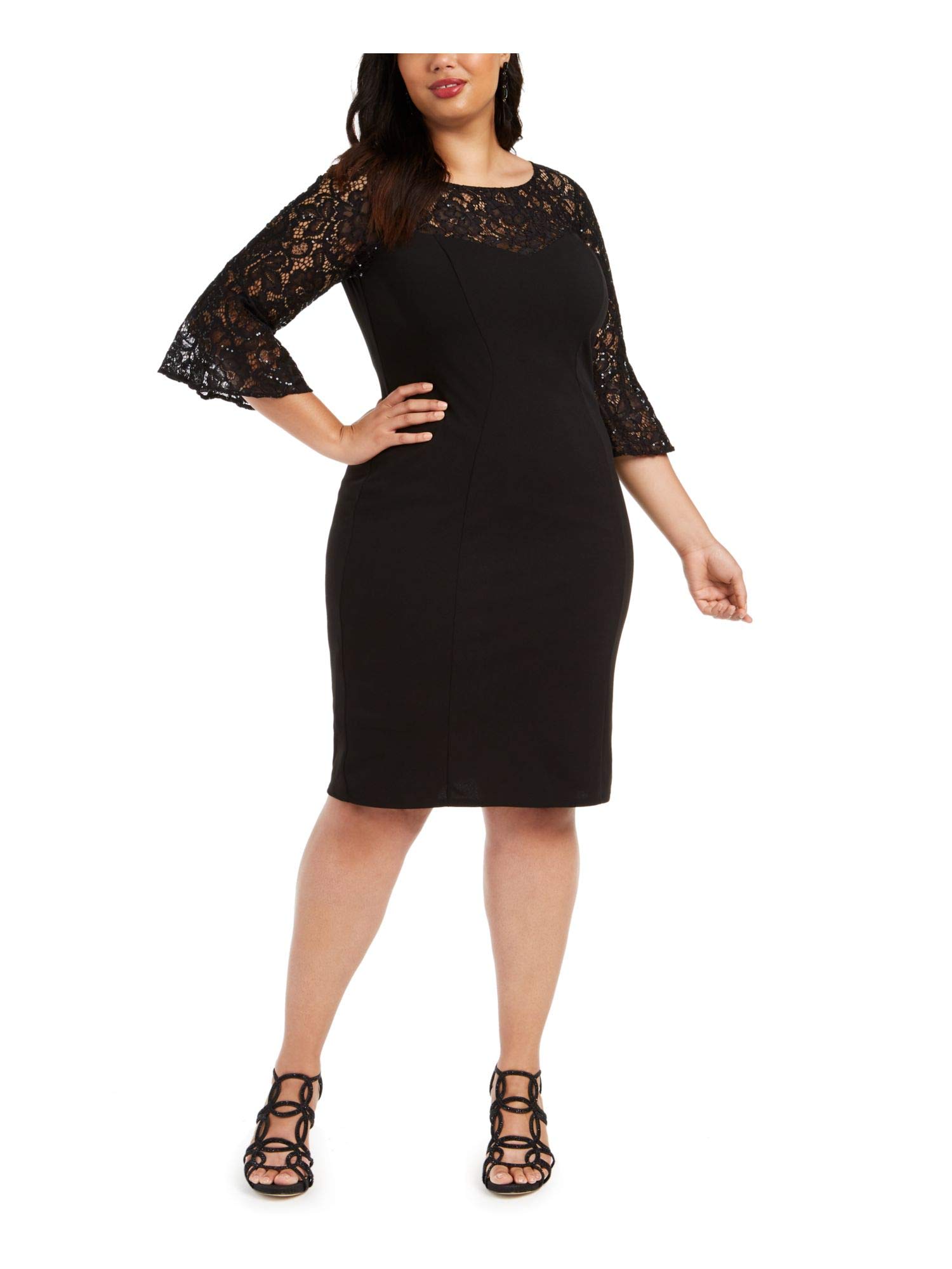 Alex Evenings Women's Black Embroidered 3/4 Sleeve Illusion Neckline Knee-Length Formal Sheath Dress Plus Size 18W for Evening Parties, Weddings & Special Occasions