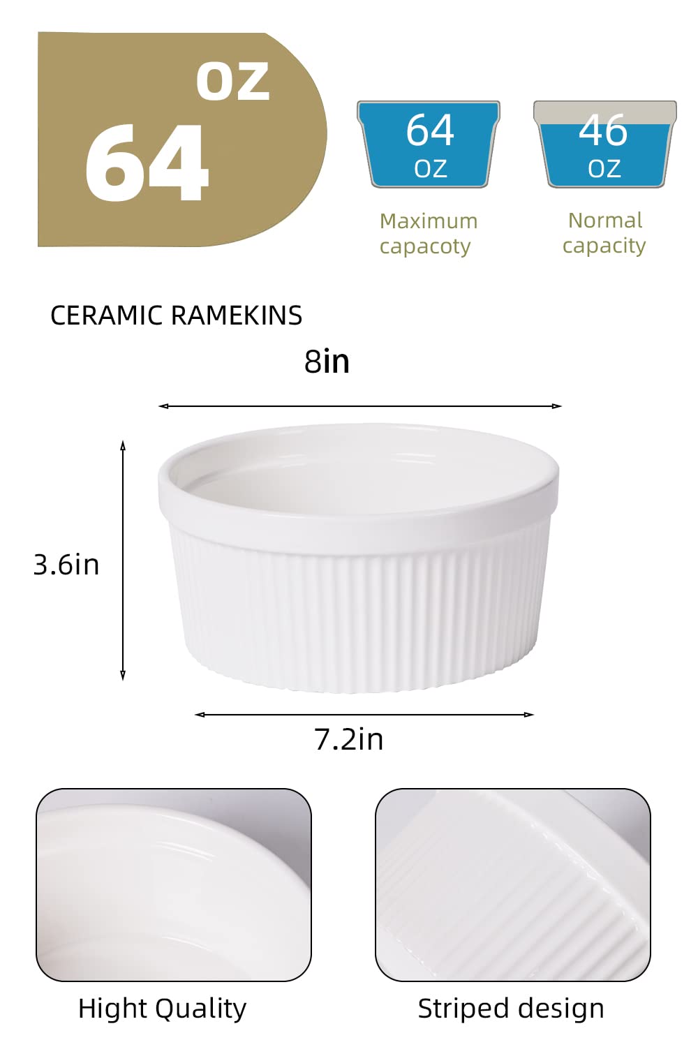 64 oz Porcelain Ramekins (Set of 1) - 8 Inch White Oven-Safe Baking Dishes for Souffle, Creme Brulee, Pudding & Custard - Perfect for Desserts, Meal Prep & Kitchen Serving