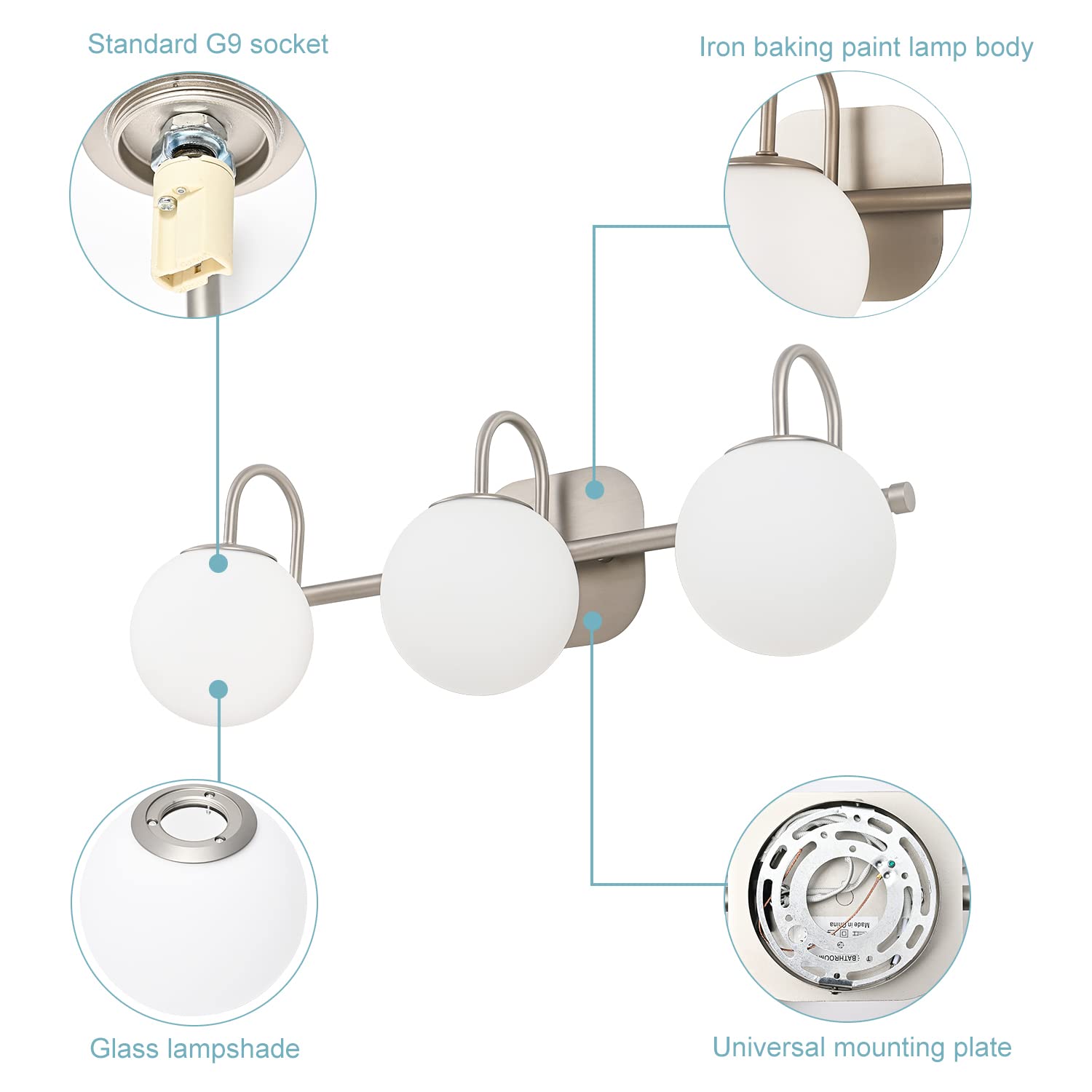 Modern Brushed Nickel Bathroom Vanity Light Fixture - 3-Light Wall Sconce with Milk White Glass Globe Shades for Bathroom Mirror Lighting, Vanity Bar & Powder Room (Excludes G9 Bulb) - Perfect for Contemporary Home Decor & Spa-Like Ambiance