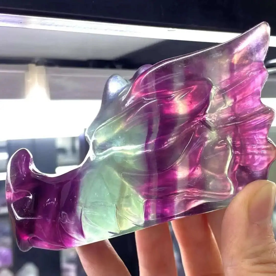 10cm Rainbow Macaron Fluorite Crystal Dragon Head Skull Carving - Natural Mineral Specimen for Home Decor, Meditation & Feng Shui Healing Stone
