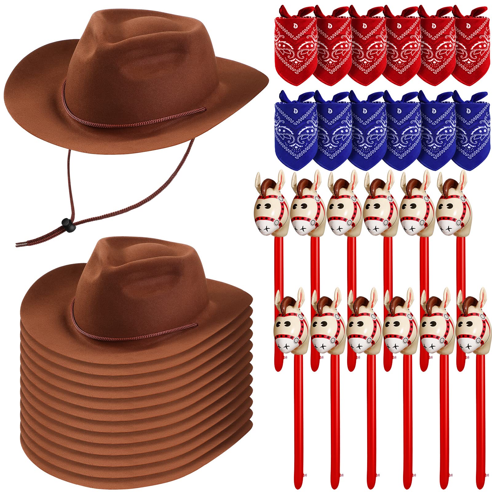 36 Pcs Cowboy Party Costume Set for Kids - Farm Cowboy Hats, Paisley Bandanas & Inflatable Stick Horses - Western Theme Birthday Party Supplies for Cowboy Costume Party, Wild West Rodeo, Halloween Dress Up