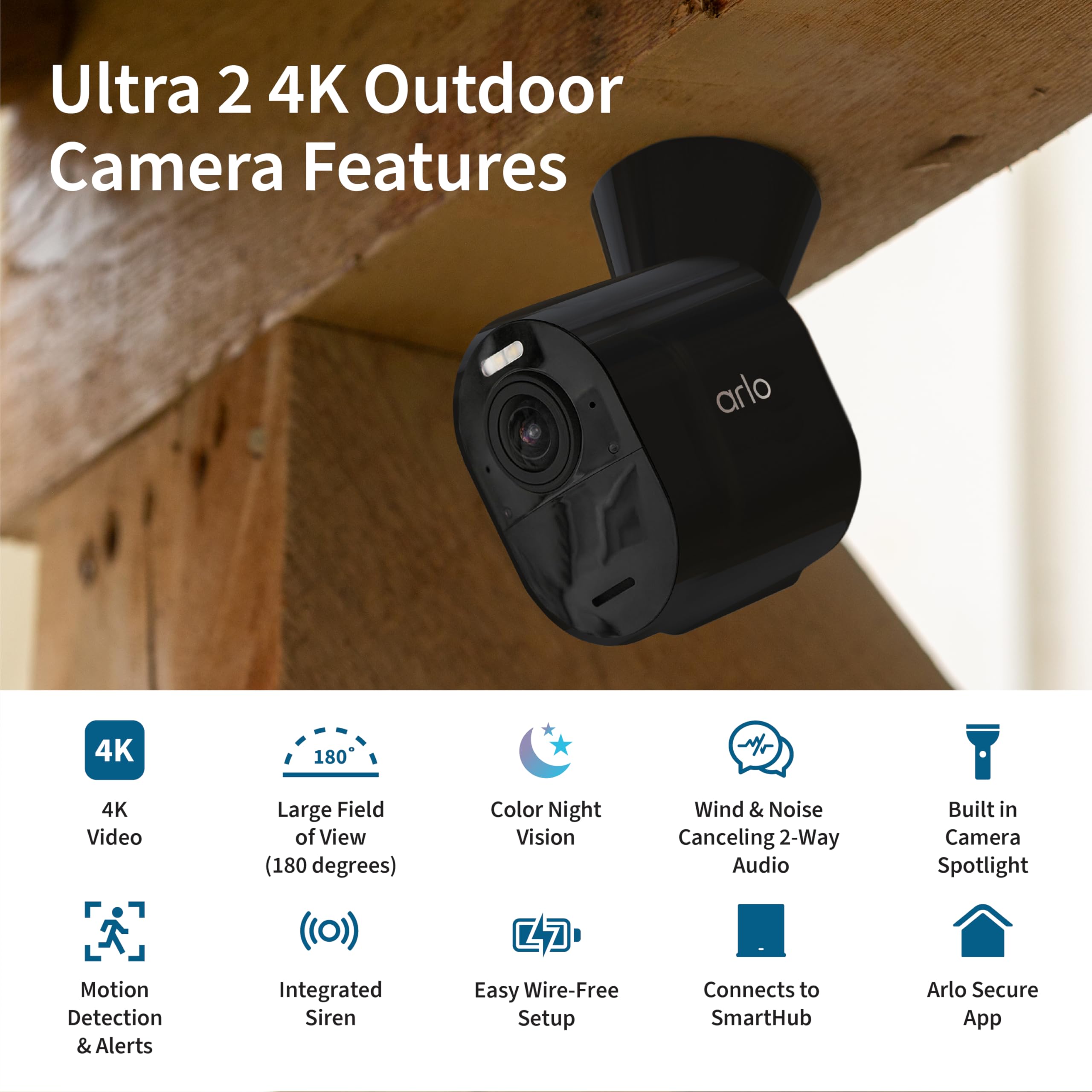 Arlo Ultra 2 Spotlight Camera 4K HDR Wireless Security System (2 Cameras + SmartHub) - Color Night Vision, 180° View, Motion Detection, 2-Way Audio - Ideal for Home & Business Surveillance, Indoor/Outdoor Use, Weatherproof Protection