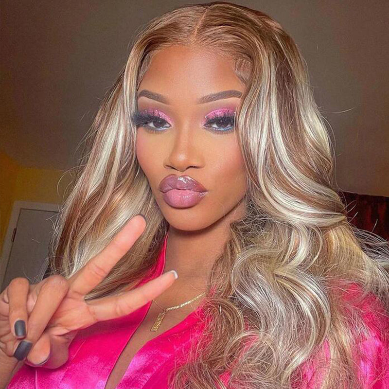 Eullair P8/613 Piano Highlights Body Wave 13×4 Lace Frontal Wig - Brown with Blonde Highlights Straight Human Hair Wig for Women | Perfect for Daily Wear, Parties & Special Occasions
