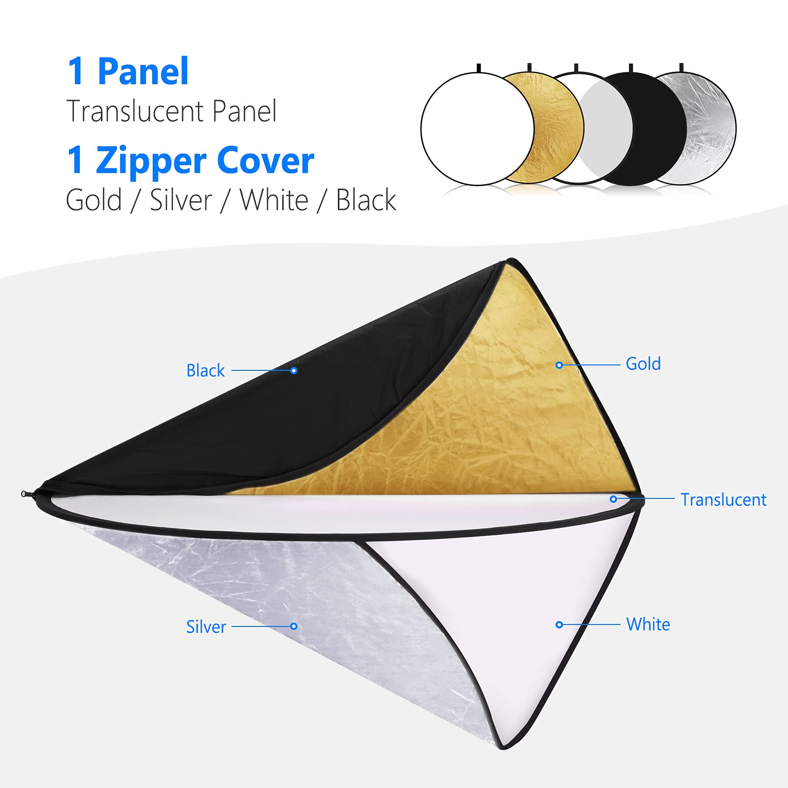 NEEWER 22 Inch 5-in-1 Collapsible Light Reflector Diffuser - Translucent, Silver, Gold, White & Black for Studio & Outdoor Photography - Perfect for Portraits, Product Shoots and Natural Lighting Enhancement