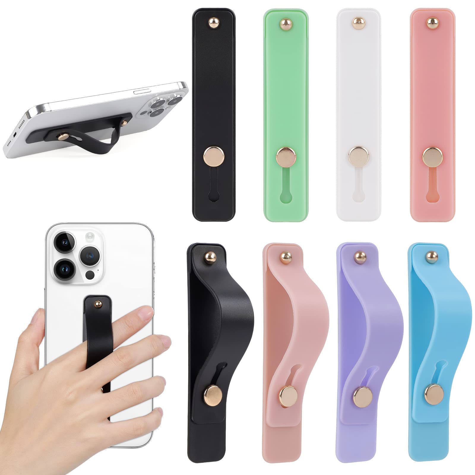 8Pcs Phone Grip with Stand - Universal Phone Strap Holder for iPhone Samsung & Most Smartphones | Finger Loop & Back Grip for Secure Holding | Perfect for Selfies, Video Calls & One-Handed Use