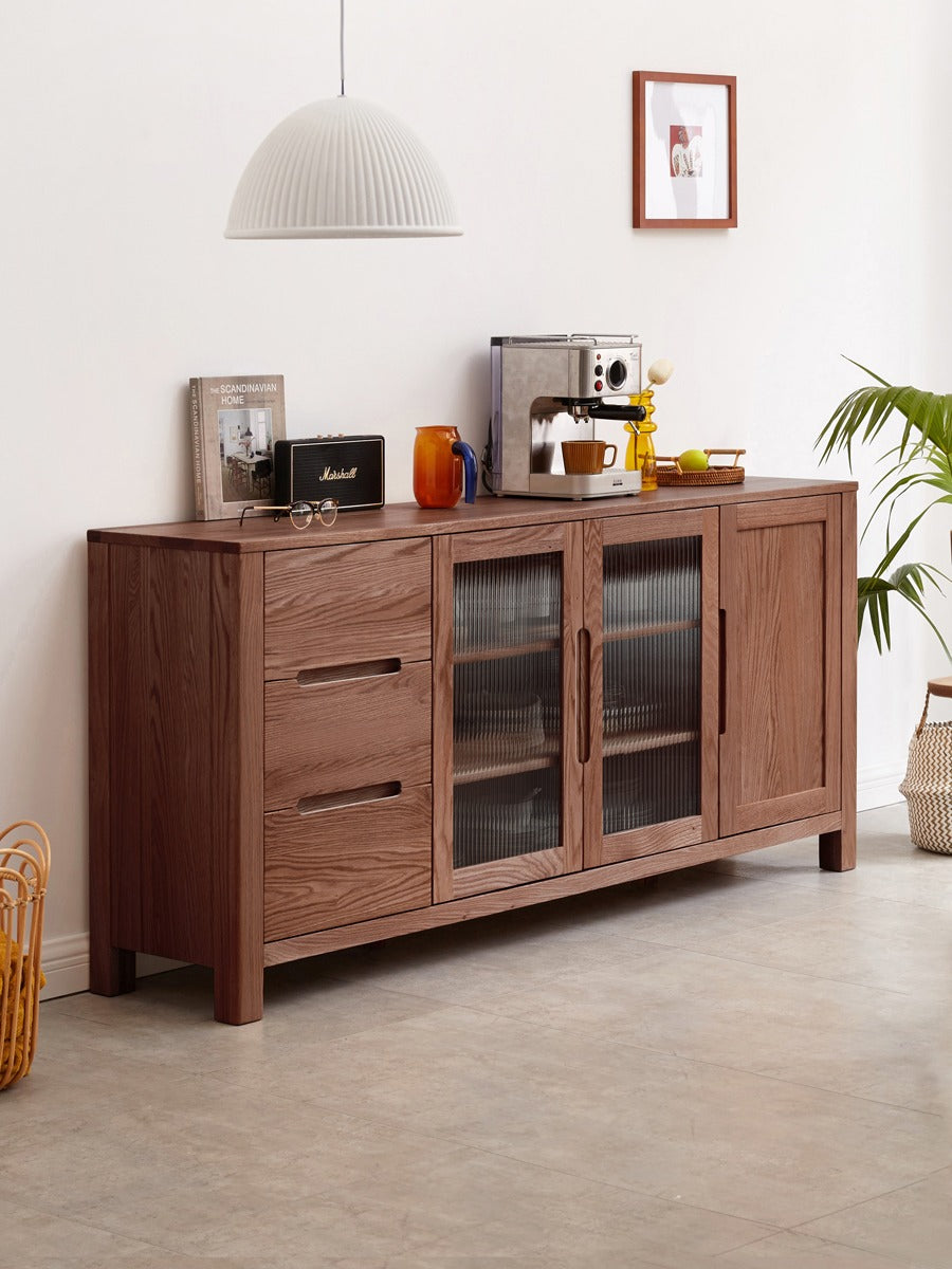 Solid Oak Wood Sideboard Buffet Cabinet - Rustic Farmhouse Dining Room Storage Furniture for Home Decor & Entertaining