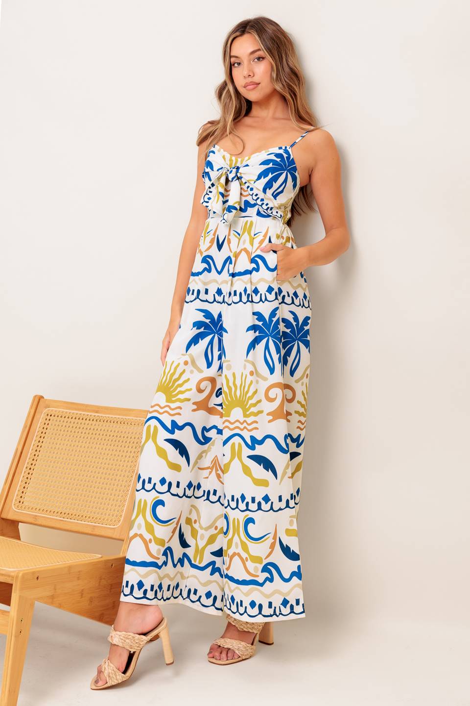 LIVANA CAMI JUMPSUIT for Women - Ivory & Blue Tropical Print Floral Romper - Perfect for Beach Vacation, Summer Outfits, and Casual Wear