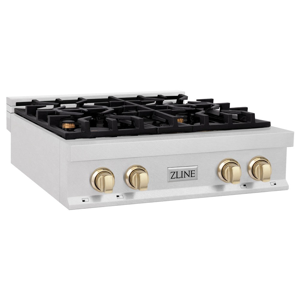 ZLINE Autograph Edition 30-Inch 4-Burner Gas Rangetop with Porcelain Cooktop - Satin Stainless Steel & Polished Gold Accents (RTSZ 30 G) - Perfect for Gourmet Kitchens & Modern Home Cooking