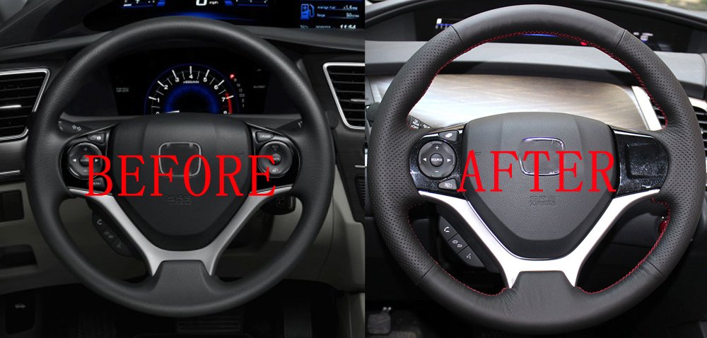 Genuine Leather DIY Stitch-on Steering Wheel Cover for Honda Civic 2012-2015 | 13.5-14.5 Inches | Black with Red Stitching | Custom Fit Interior Accessories | Perfect for Car Enthusiasts & DIY Projects