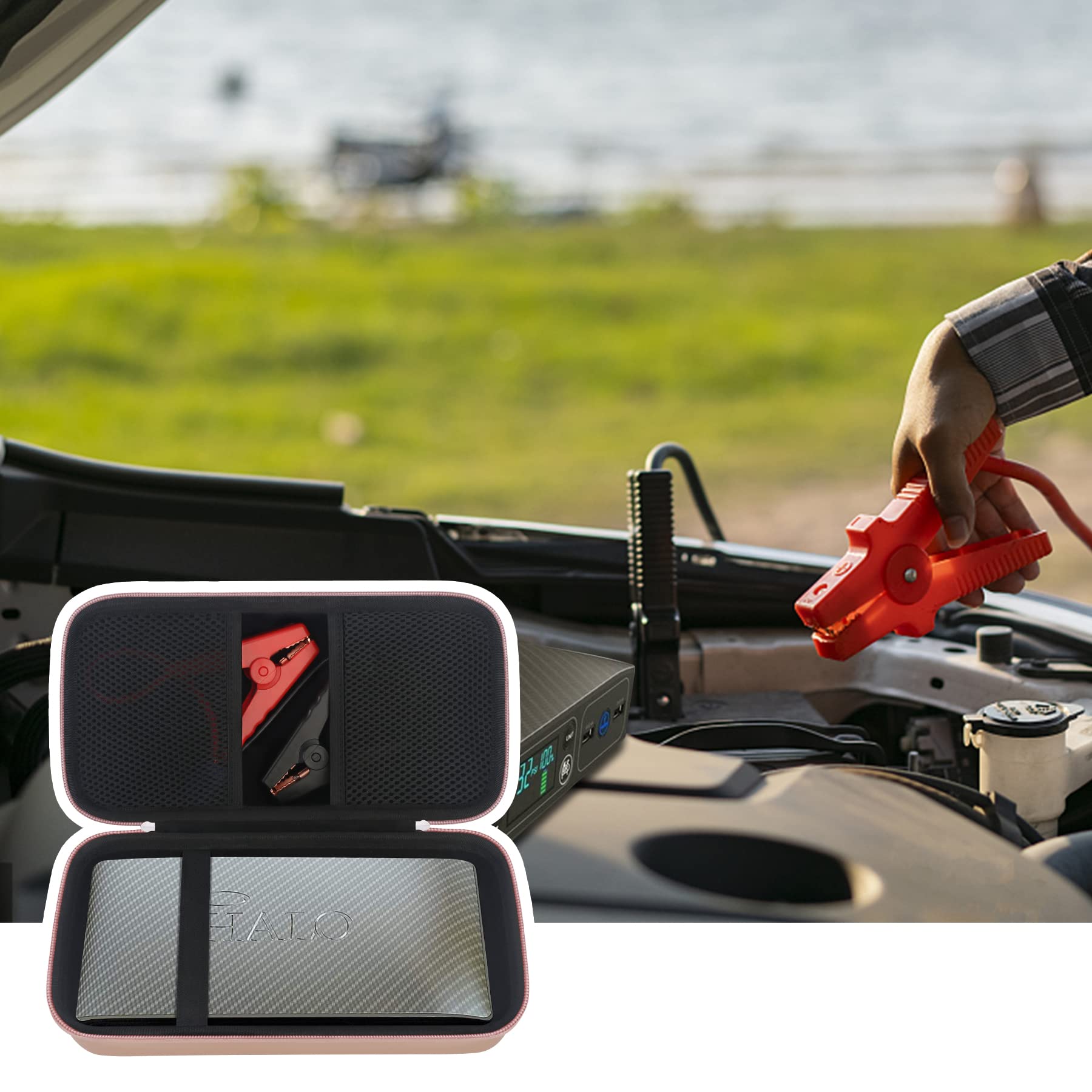Elonbo Rose Gold Carrying Case for Halo Bolt Air 58830 mWh Portable Power Bank - Protective Storage Pouch with Extra Mesh Pocket for Car Battery Jump Starter, Jumper Cables & Accessories - Perfect for Travel, Camping & Emergency Power Backup