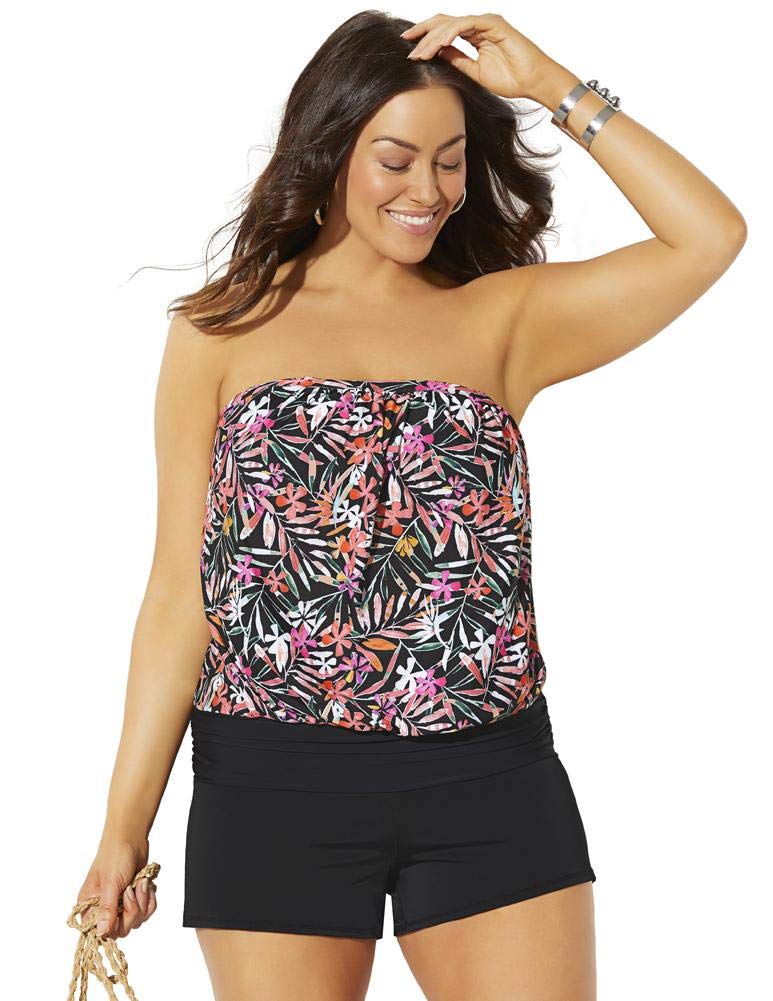 Plus Size Women's Bandeau Blouson Tankini Swimwear Set with Banded Shorts - Comfortable & Stylish Swimsuits for Curvy Women | Perfect for Beach, Pool & Vacation