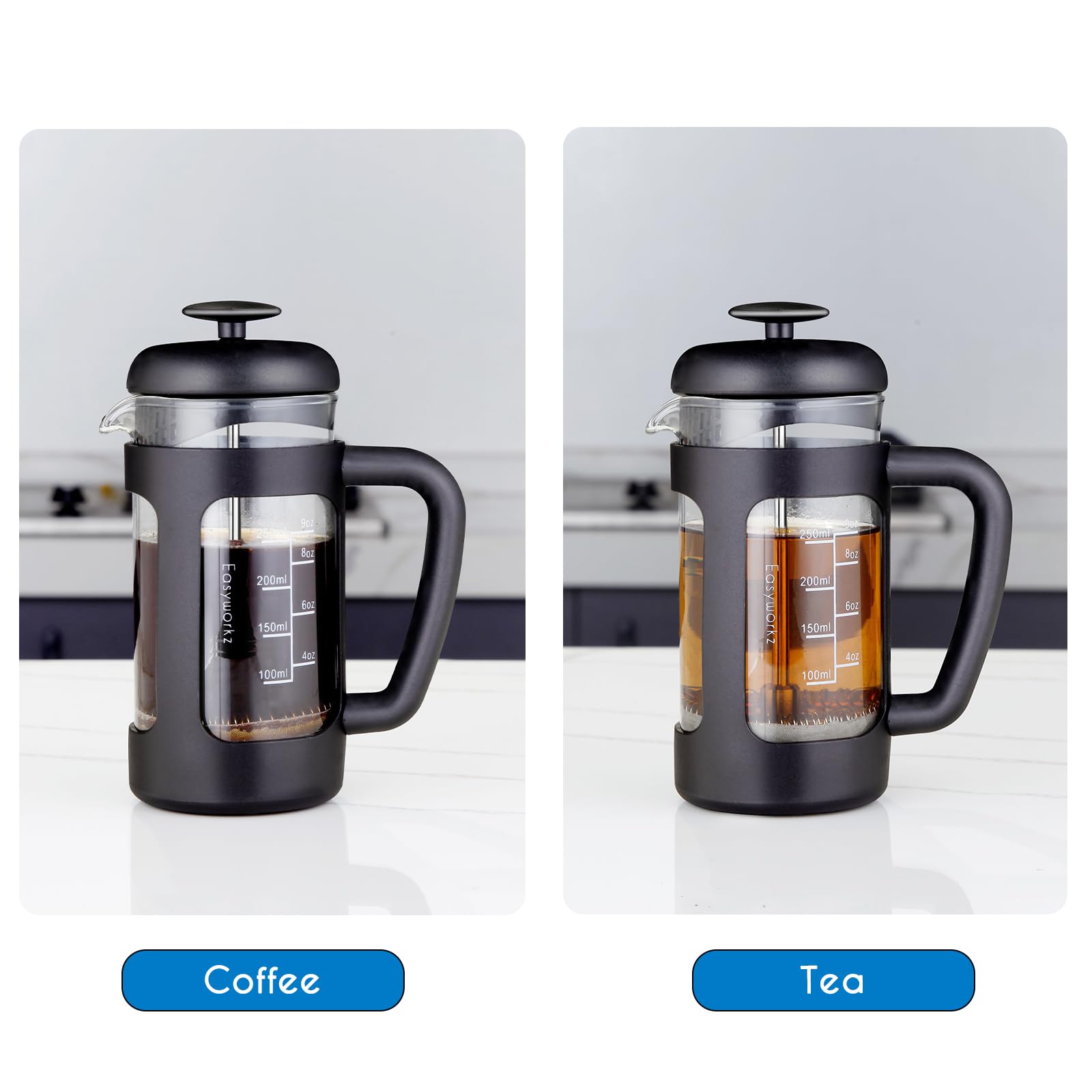 Easyworkz 12 oz French Press Coffee & Tea Maker - Borosilicate Glass, Soft Grip Handle - Perfect for Home, Office & Camping Brewing