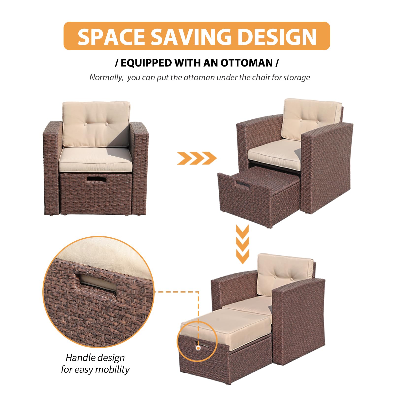Super Patio 8-Piece Outdoor Furniture Set - All-Weather PE Wicker Sectional Sofa with Ottoman, Tempered Glass Coffee Table & 3 Red Pillows (Espresso Brown) - Perfect for Backyard, Garden, and Poolside Relaxation