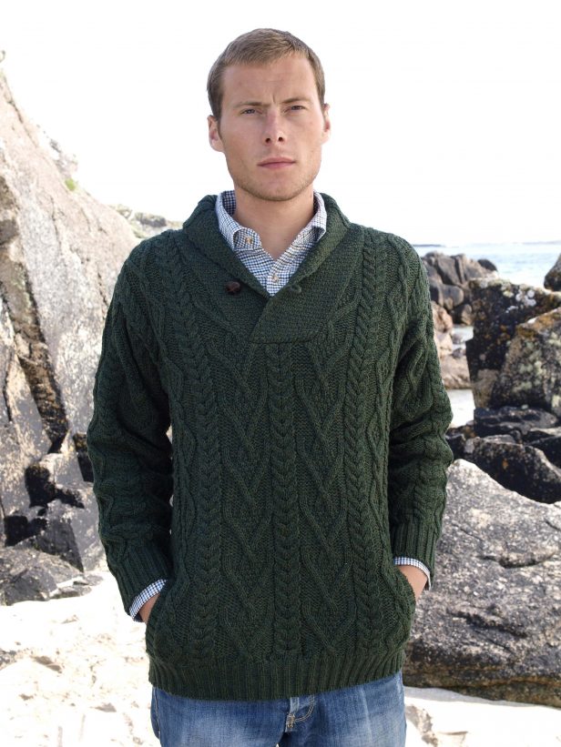 Warm Shawl Collar Aran Sweater for Men & Women | 100% Wool Cable Knit Pullover | 3 Color Options (Navy, Gray, Cream) | Perfect for Winter, Fall & Casual Outings