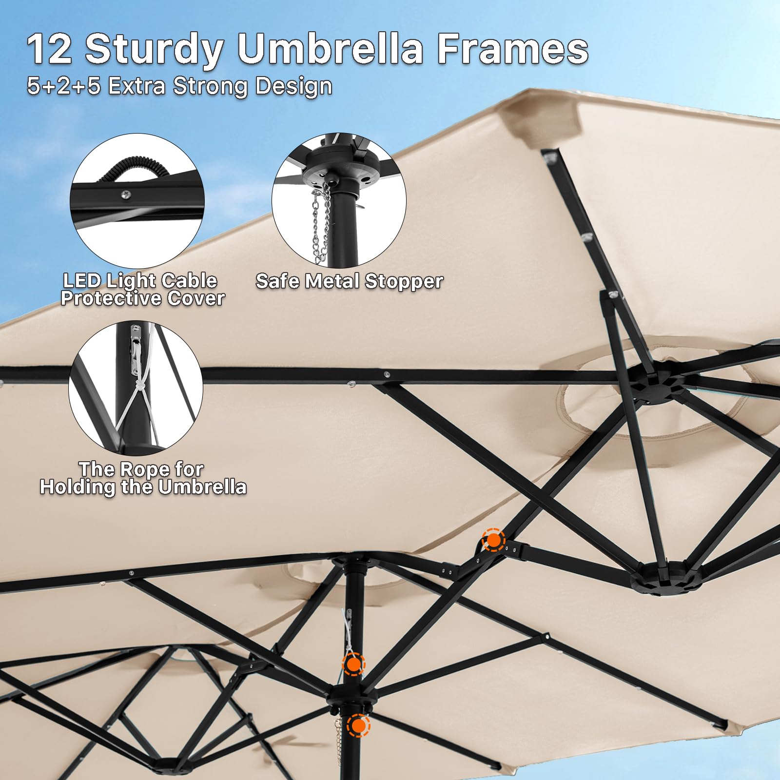 FREE SOLDIER 13ft Solar LED Patio Umbrella with 36 Lights - Double-Sided Outdoor Cantilever Umbrella for Garden, Yard, Poolside - Beige Waterproof Sun Shade for Relaxing & Outdoor Dining