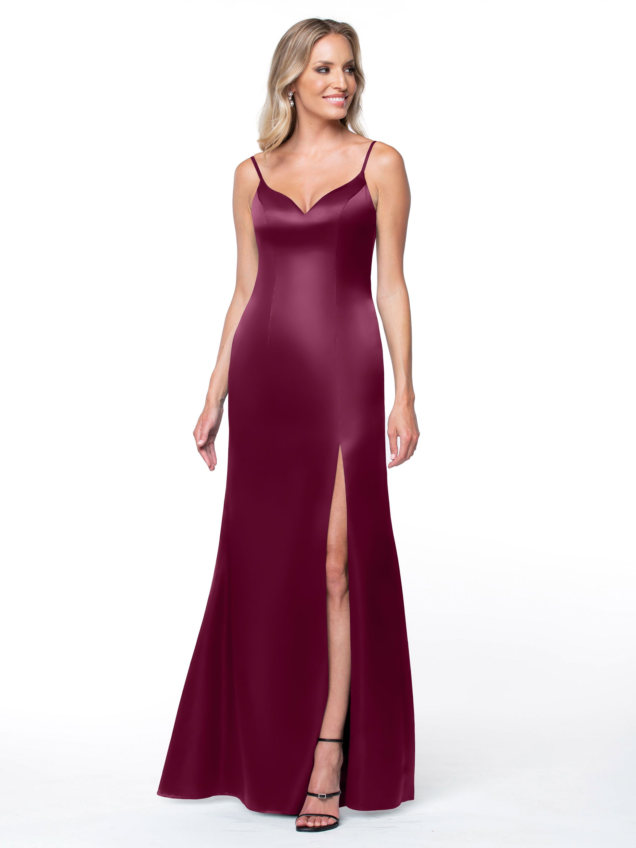 Elegant 80132 Fit and Flare Satin Bridesmaid Dress with Thigh High Slit - Perfect for Weddings, Proms, and Formal Events