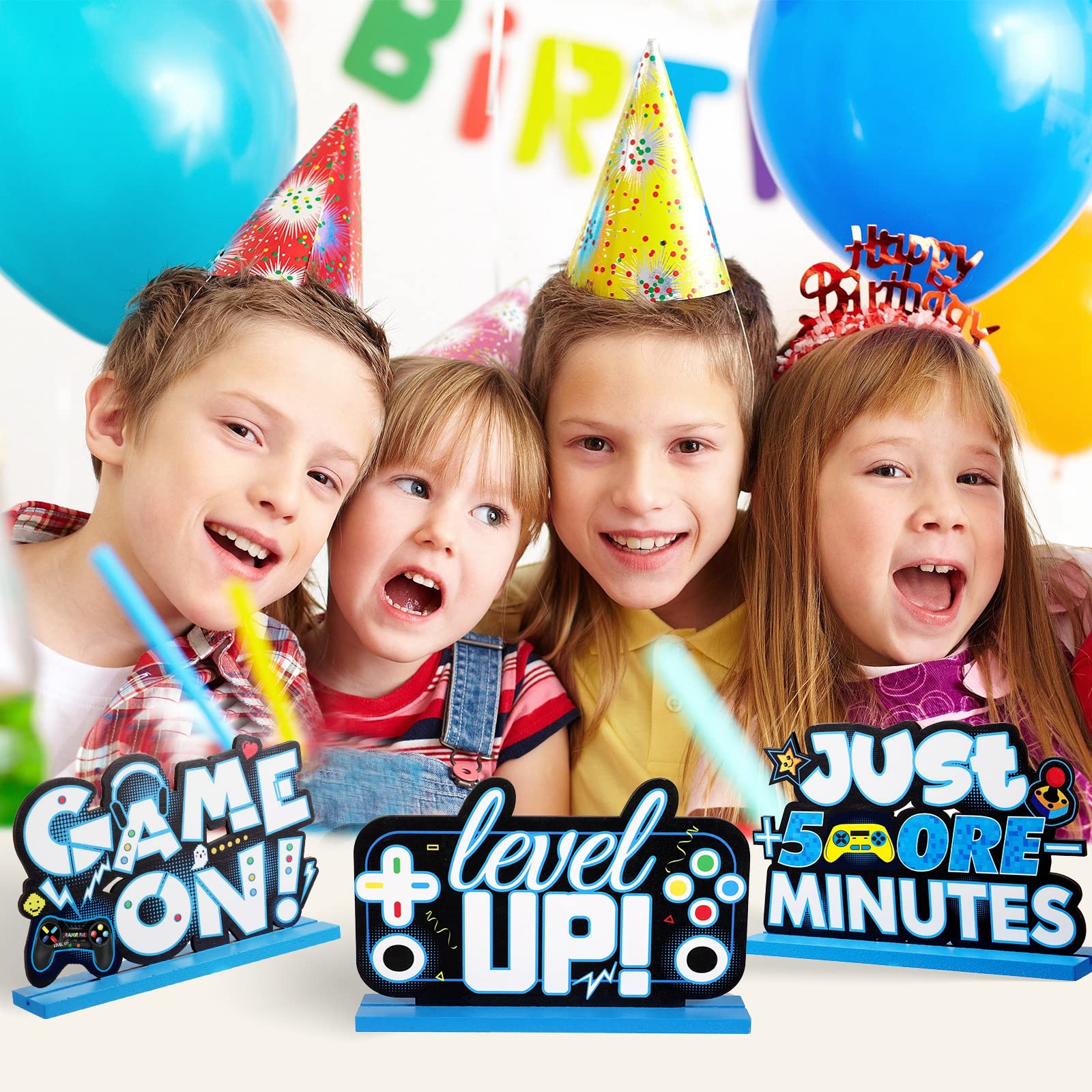 Frienda 3-Piece Wooden Video Game Party Decor Set - Level Up Birthday Centerpieces with Pixelated Table Signs for Gamer Parties, Boys & Kids (Blue) | Perfect for Birthday Celebrations, Gaming Themed Events & Nerf Parties