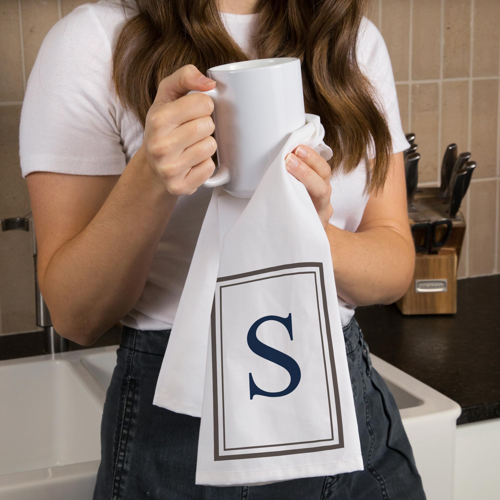 Lantern Press Monogram Cotton Tea Towel - Gray & Blue Decorative Hand Towel for Kitchen & Home | Perfect for Drying Dishes, Gift Giving & Farmhouse Decor