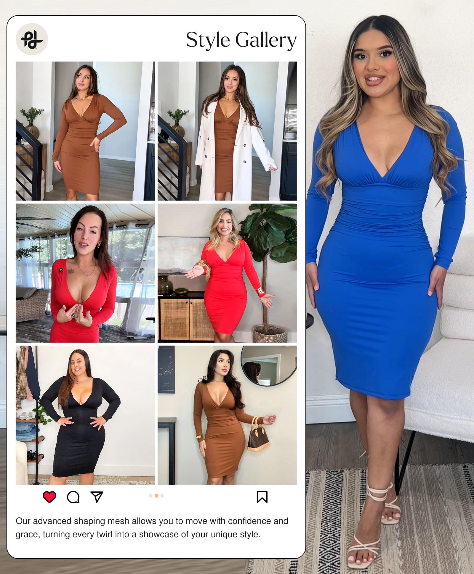 Popilush Slimming Long Sleeve Bodycon Dress - V Neck Ruched Midi Dress for Women | Shapewear Party Cocktail Dress | Perfect for Night Out, Date Night & Special Occasions