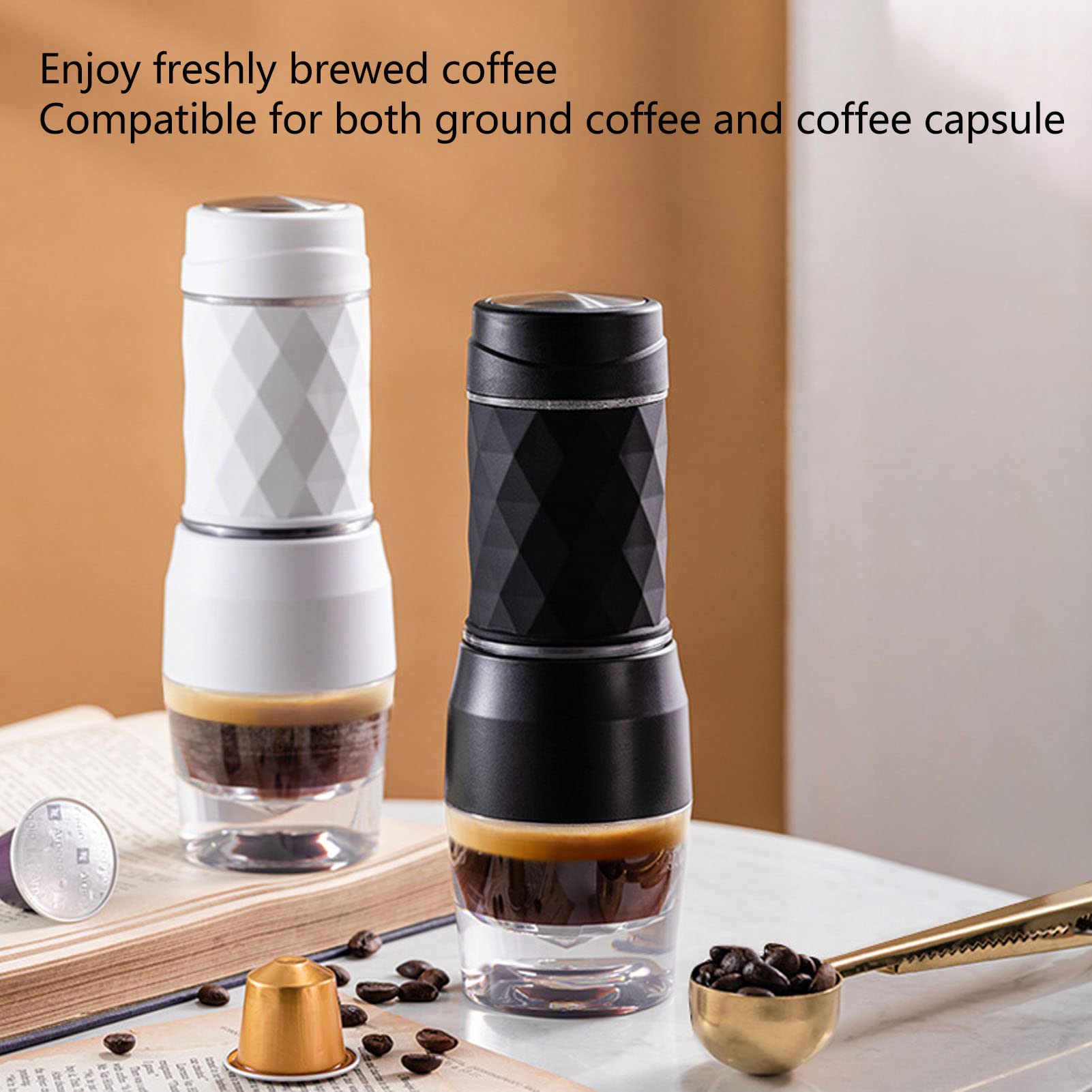 Portable Manual Espresso Maker - Travel Coffee Machine for Camping, Hiking & Outdoor Use - Compatible with Ground Coffee & Coffee Capsules (Black) - Perfect for Home, Office & Travel Adventures