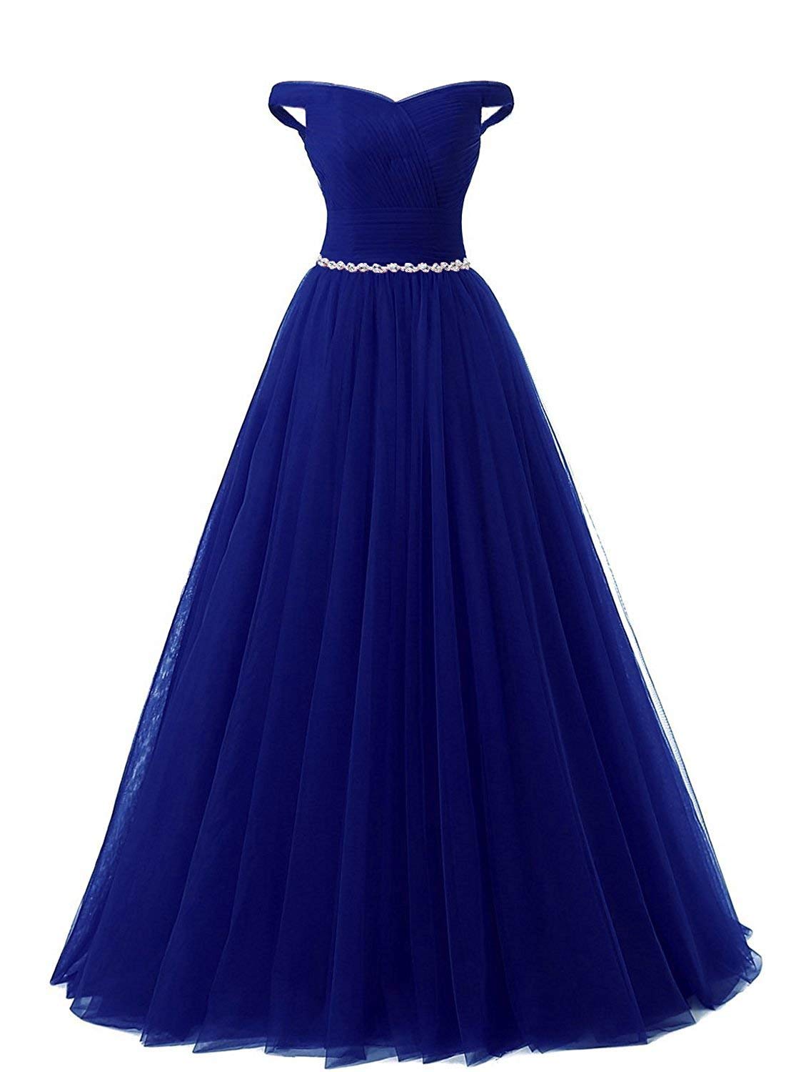 BellaBridal Women's Long Tulle Crystal Formal Prom Dress - Off Shoulder Quinceanera Ball Gown for Homecoming, Wedding Party & Special Occasions