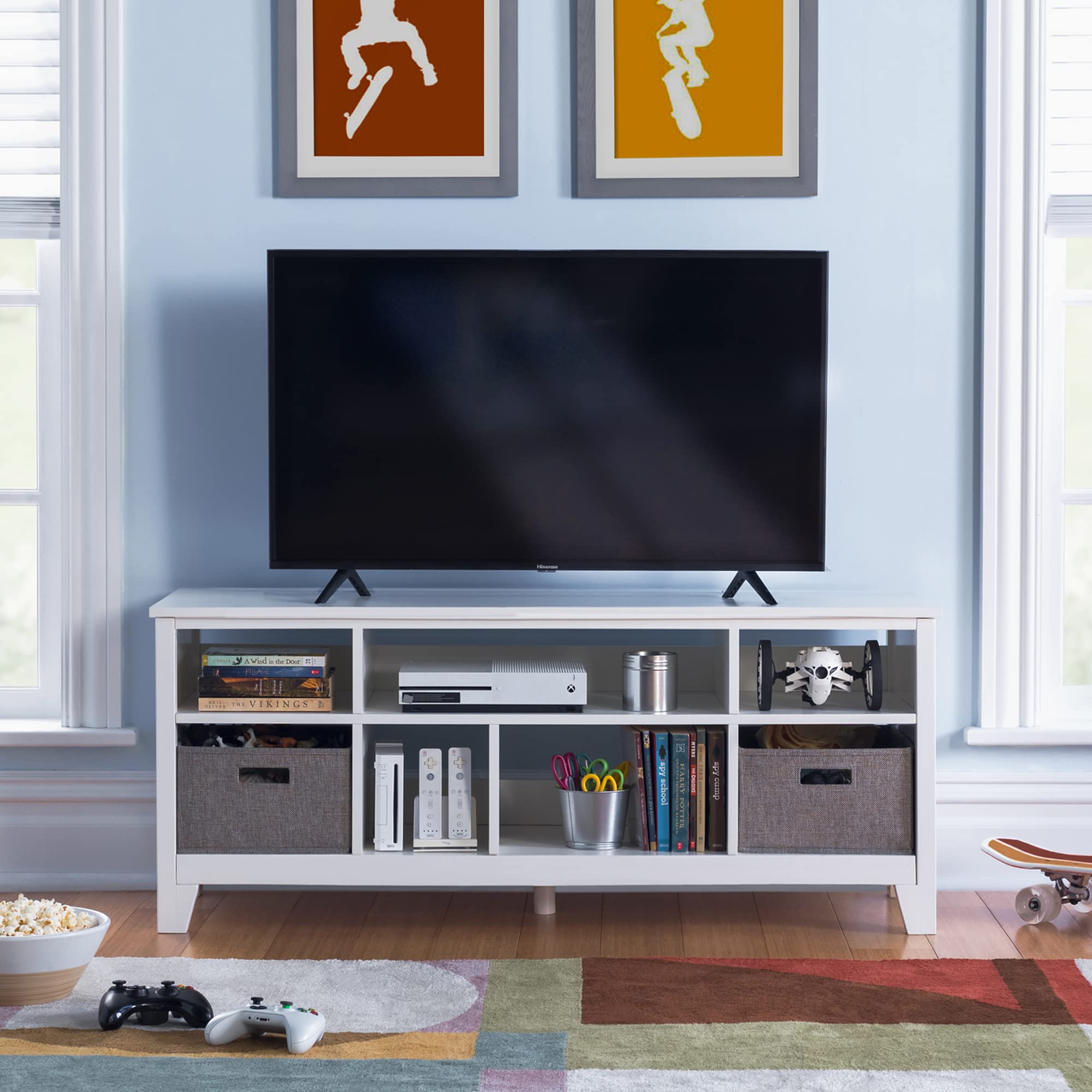 Martha Stewart Kids' Media Console - Creamy White Wooden TV Stand with Storage Shelves & Fabric Bins, 55 Inch TV Entertainment Center | Perfect for Playroom, Living Room & Bedroom Organization