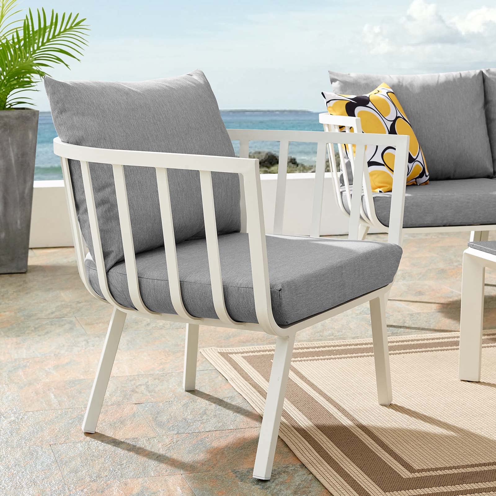 Modway Riverside Outdoor Patio Armchair - Water-Resistant White Gray Wicker Lounge Chair for Backyard, Poolside & Garden Relaxation