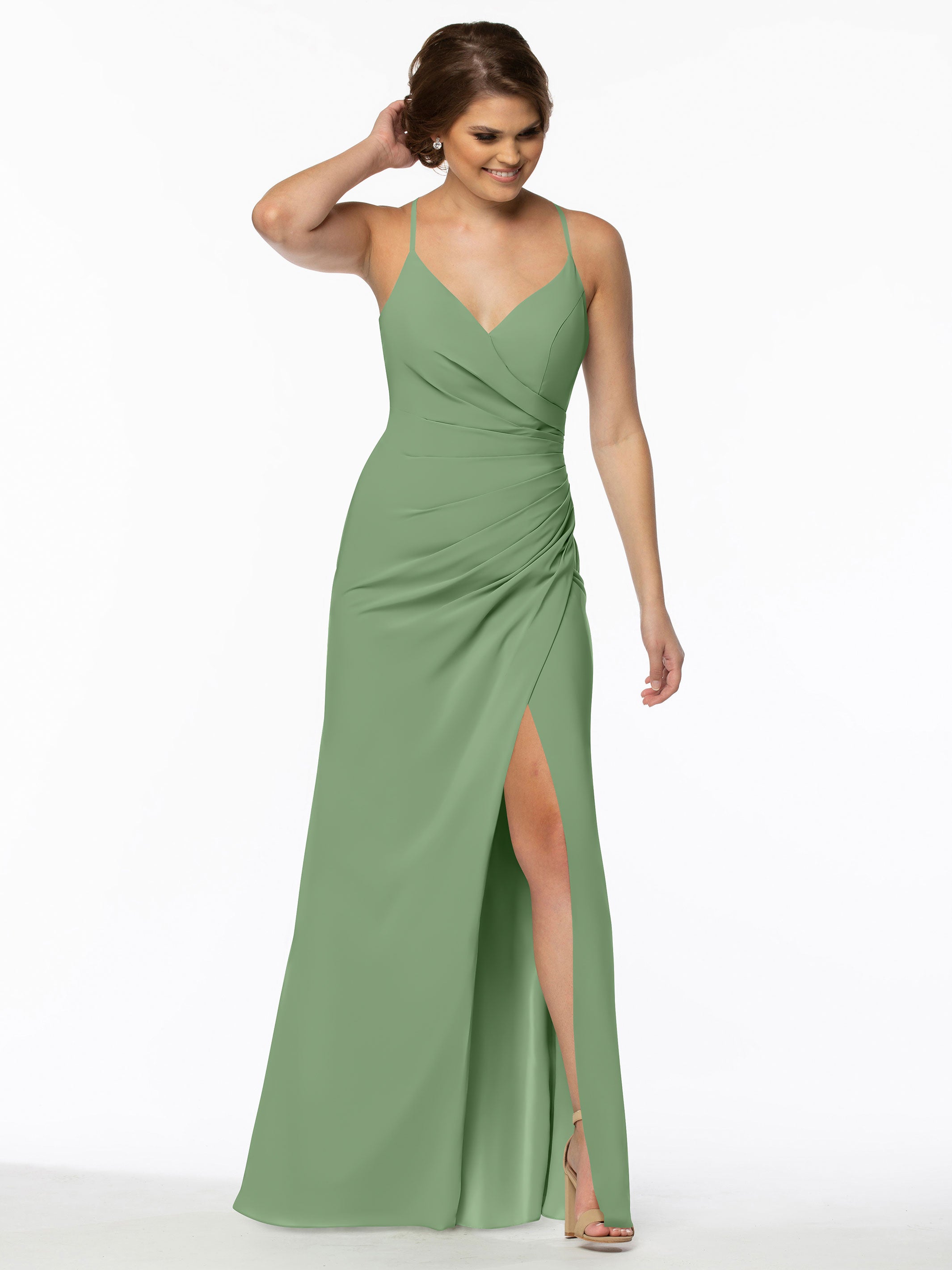 Elegant 80114 Stretch Chiffon Sheath Bridesmaid Dress with Ruching and High Slit - Perfect for Weddings, Formal Events & Evening Parties
