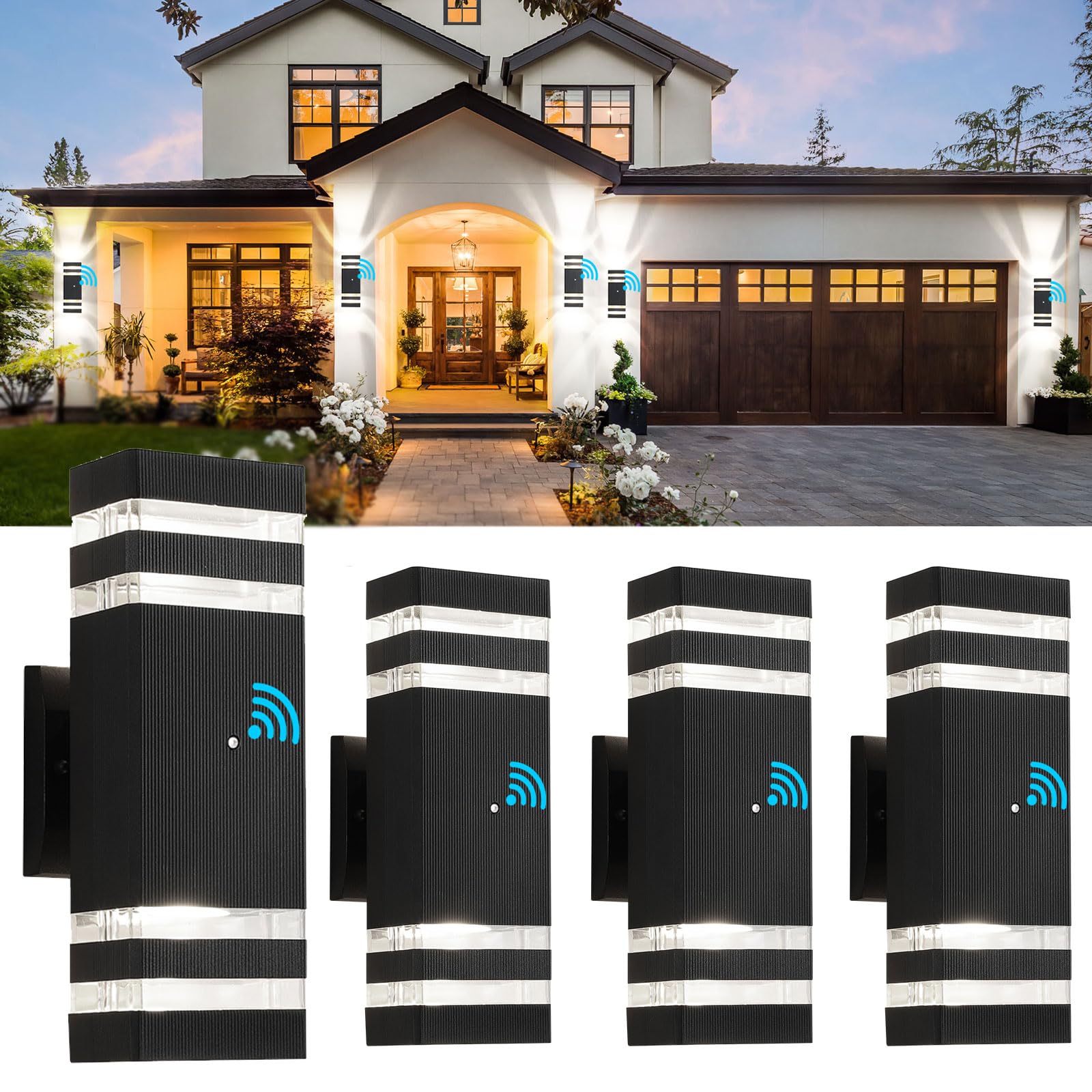 4 Pack Dusk to Dawn Outdoor Wall Lights - Modern Black Exterior Light Fixture, 2-Layer Waterproof IP65 Up Down Wall Sconces for Garage, Porch, House (3000K Warm White) - Perfect for Entryway, Patio, Garden & Driveway Lighting