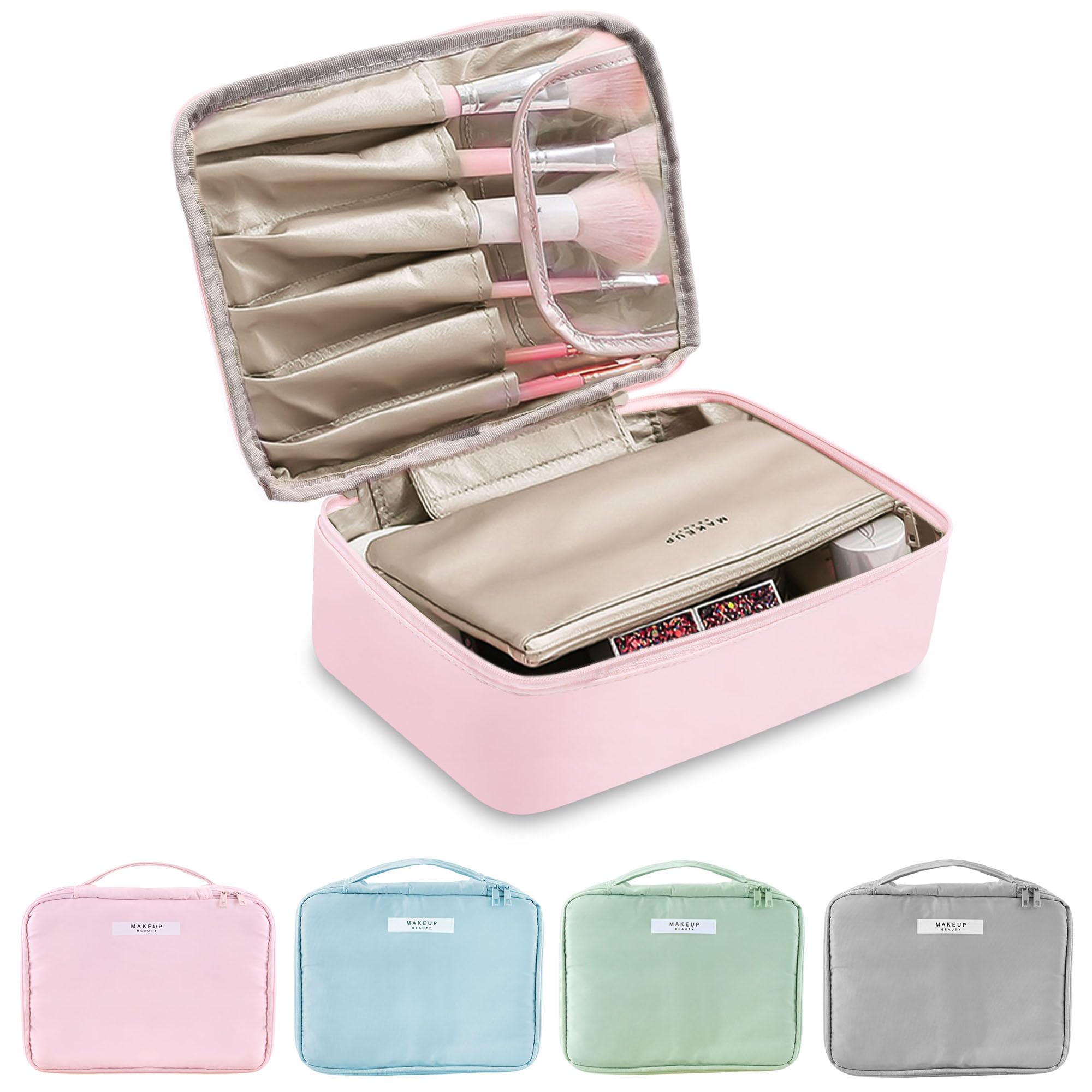 Portable Travel Makeup Bag with Brush Holder - Waterproof Cosmetic Organizer & Toiletry Bag for Women | Perfect for Travel, Gym, and Daily Use (Pink)